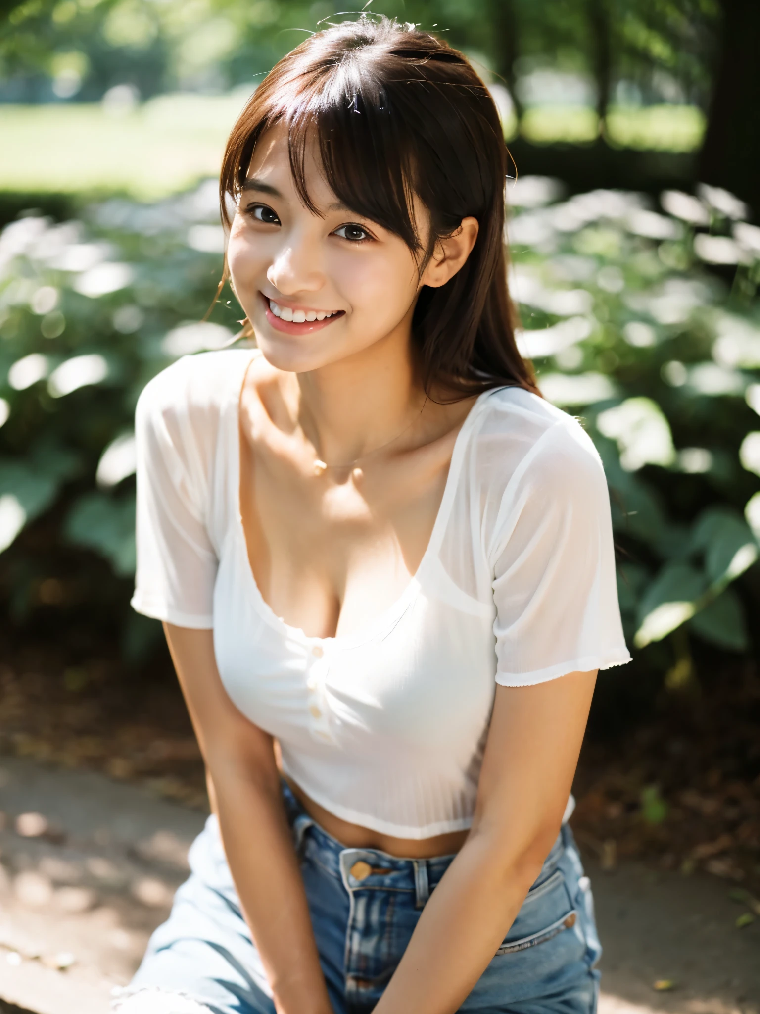 cute, アイドルのようにcute16歳少女、Smiling Kindly、((She is short, 150cm tall.))、(Medium sized breasts)、((White transparent blouse))、Cleavage、Forest Park、Natural light、RAW Photos、Genuine、live-action、realism、masterpiece、RAW Photos、High resolution