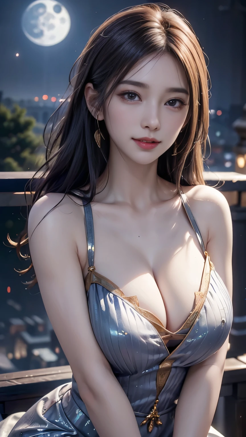 (logo, masterpiece, 8K, Tabletop, RAW Photos, wonderful, 最high quality, Photorealistic and very detailed CG composite 8k wallpaper, high quality, Very detailed, Narrative poem, Particle Effects, Dynamic Effects, Depth of the Boundary, What is written i, Cinematic Light, Lens flare, Ray Tracing), high detail skin, (very fine, fine skin texture, intricate details, beautiful face, (realistic face), realistic eyes, beautifully detailed eyes, realistic skin, beautiful skin, surreal, very detailed Golden ratio, smiling eyes, ((night moonlight background) )), body portrait, G cup, big breasts, huge breasts, big breasts, glamorous, sexy knit dress,