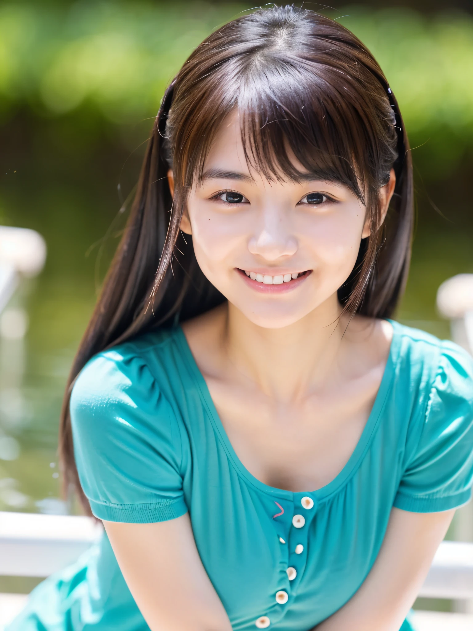 cute,  アイドルのようにcute16歳少女、Smiling Kindly、((She is short, 150cm tall.))、(Large Breasts)、(((She&#39;s not wearing a bra)))、((White transparent blouse))、Cleavage、Forest Park、Natural light、RAW Photos、Genuine、live-action、realism、masterpiece、RAW Photos、High resolution