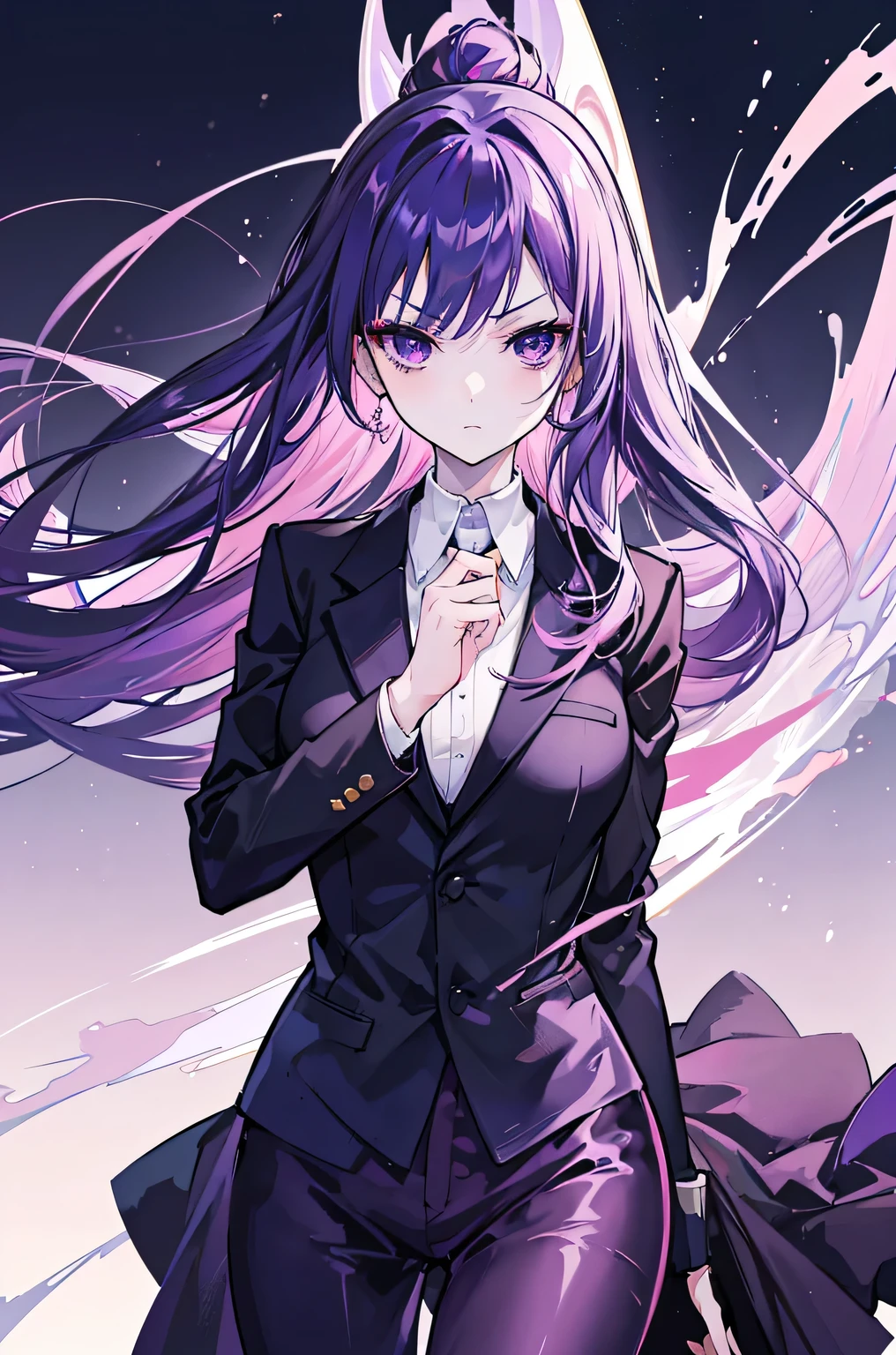 anime girl, dark purple hair, purple eyes with pink, pale skin, serious expression, wearing a formal suit, elegant makeup, big breasts but not that big.