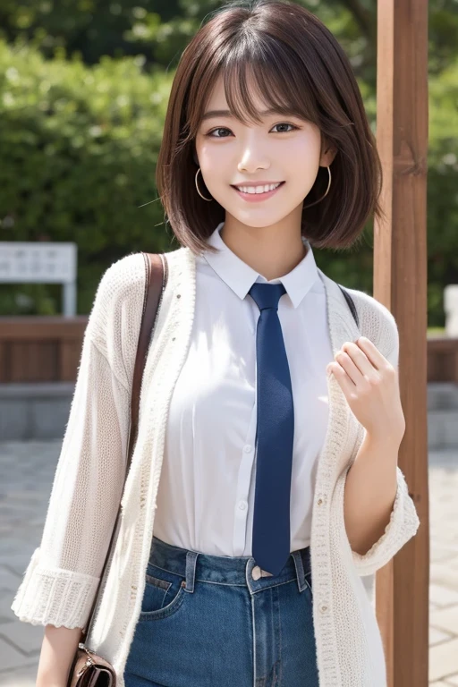 Produce the highest quality and highest resolution 8K images。The model is a 20-year-old Japanese woman.。The image depicts a person smiling at the camera and taking a commemorative photo at a tourist spot.。Draw the upper body of the model。She has brown eyes and a model figure.、She has an idol-level cute face.。Her hair is bob。Skin has a healthy color。Clothes、I'm wearing early summer clothes.。