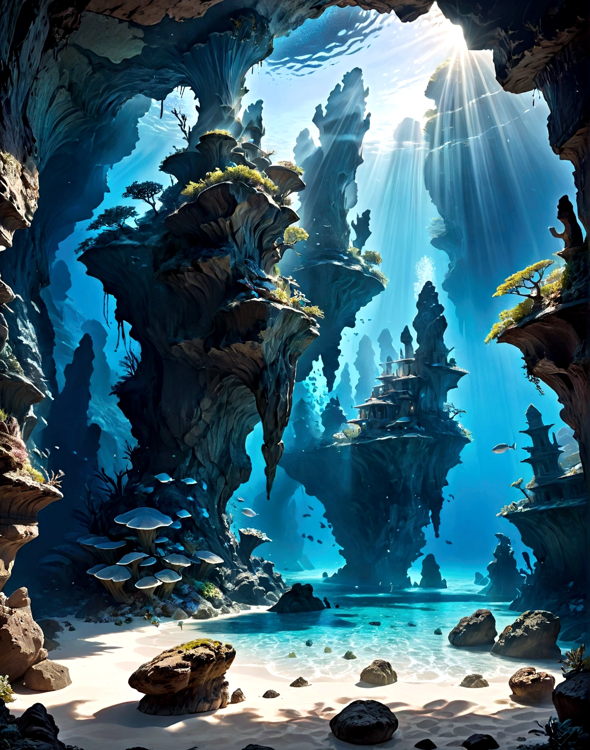 (best quality,4k,8K,High resolution,masterpiece:1.2),Extremely detailed,(Practical,photoPractical,photo-Practical:1.37),Underwater,bright blue water,rock formations,fantasy,mystery,Dramatic lighting,Movie,Ethereal,Luminescence,serene,peaceful,atmosphere,Dramatic,Moody,Surrealism