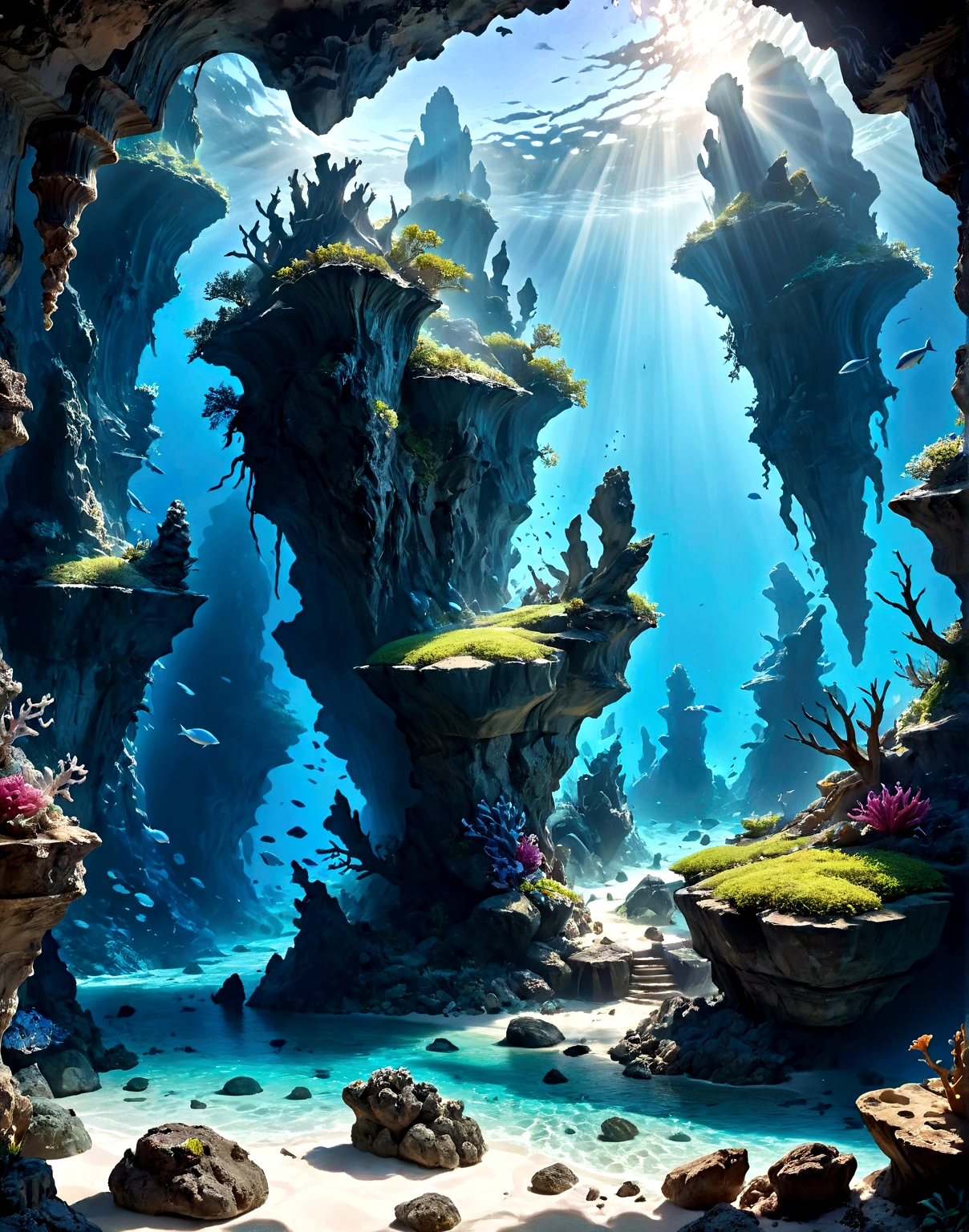 (best quality,4k,8K,High resolution,masterpiece:1.2),Extremely detailed,(Practical,photoPractical,photo-Practical:1.37),Underwater,bright blue water,rock formations,fantasy,mystery,Dramatic lighting,Movie,Ethereal,Luminescence,serene,peaceful,atmosphere,Dramatic,Moody,Surrealism