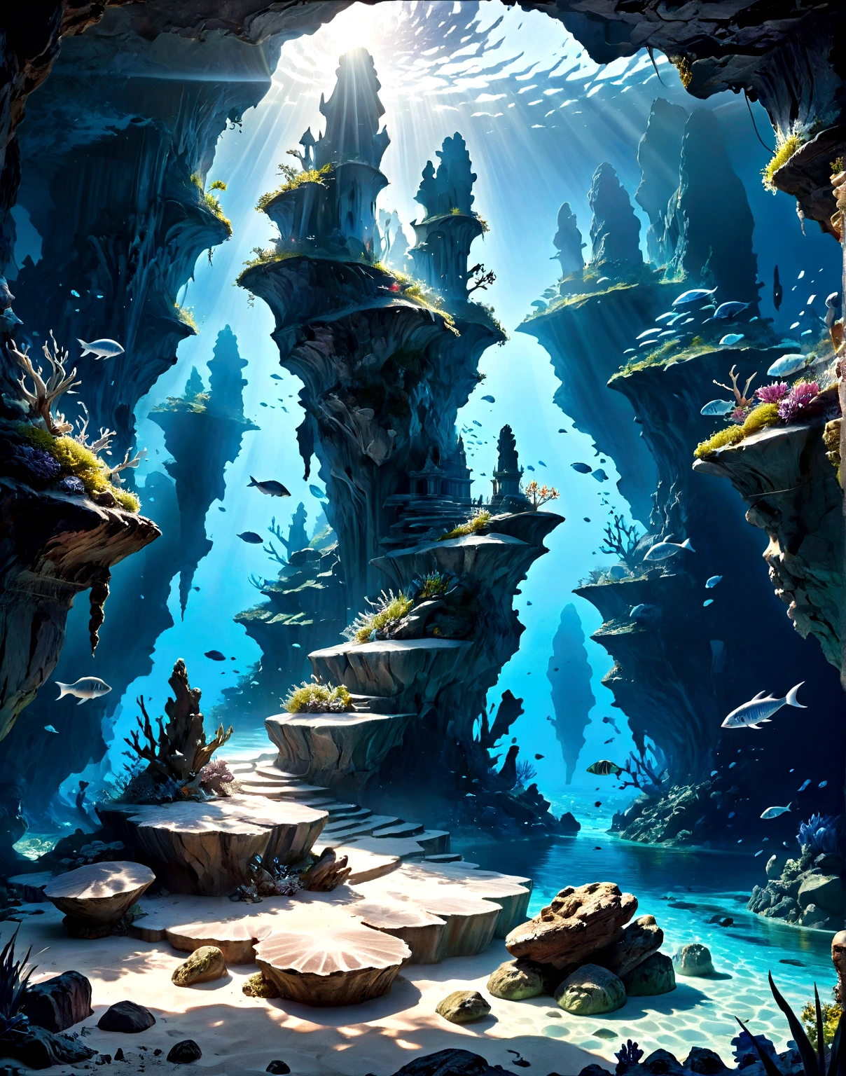 (best quality,4k,8K,High resolution,masterpiece:1.2),Extremely detailed,(Practical,photoPractical,photo-Practical:1.37),Underwater,bright blue water,rock formations,fantasy,mystery,Dramatic lighting,Movie,Ethereal,Luminescence,serene,peaceful,atmosphere,Dramatic,Moody,Surrealism