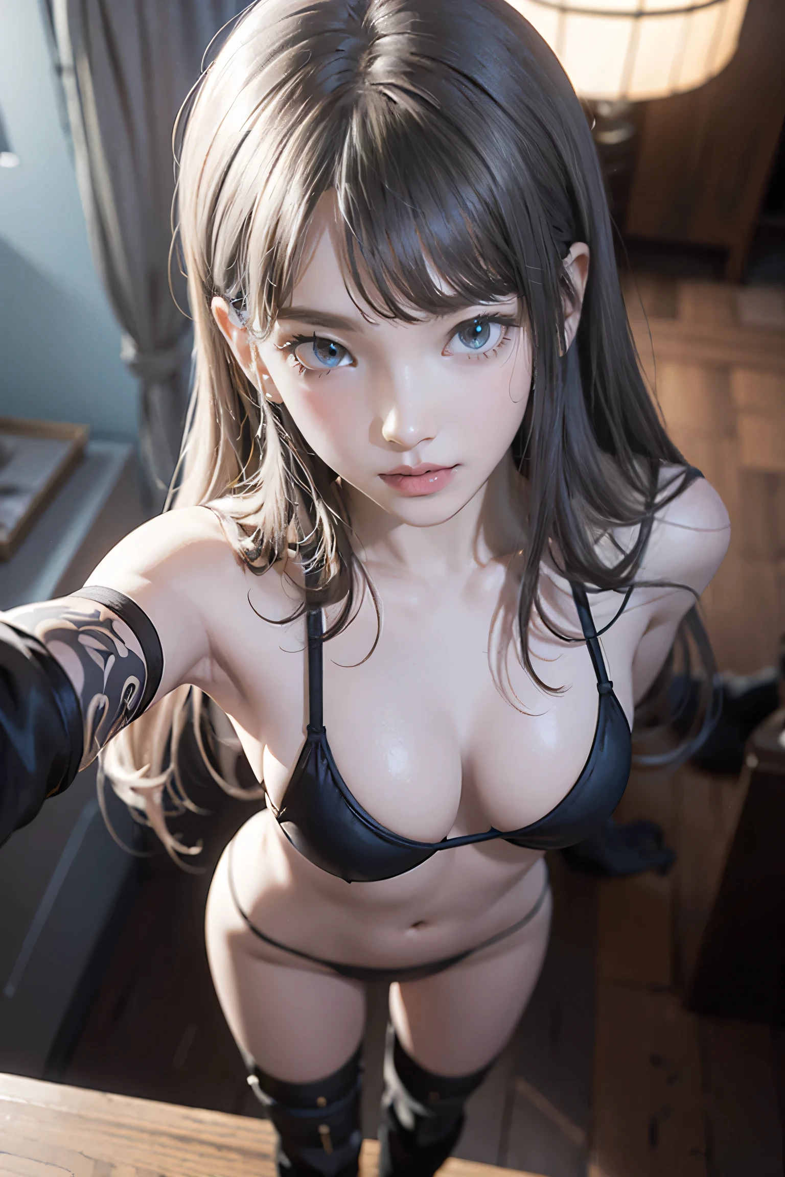 (((nsfw:1.0))),Large Breasts,Small waist,(From above:1.3),(From the side:0.8), ((face)), (close:0.9),8k, 4K, highest quality, (High resolution: 1.2), (amazing, Realistic, Photorealistic: 1.4), 18 year old girl、Beautiful face, She is smiling、(masterpiece, highest quality), Beautiful woman, Wizard Bikini Armor, gloves, Thigh-high boots, Wavy long hair, Asymmetrical bangs, Perfect face, Beautiful face, Charm, Big and beautiful eyes, strict, Perfect slim fit body, Mysterious Forest, Excellent lighting, Bright colors,Tight waist,(With sparkling eyes and a contagious smile), Very sexy pose",Her thin pubic hair, View Viewer,Gray Hair,(((Bitch、Gal、BitchGal、 sexy、thin、Slender body、Model Body Type、Heavy makeup, GAL Makeup)))、