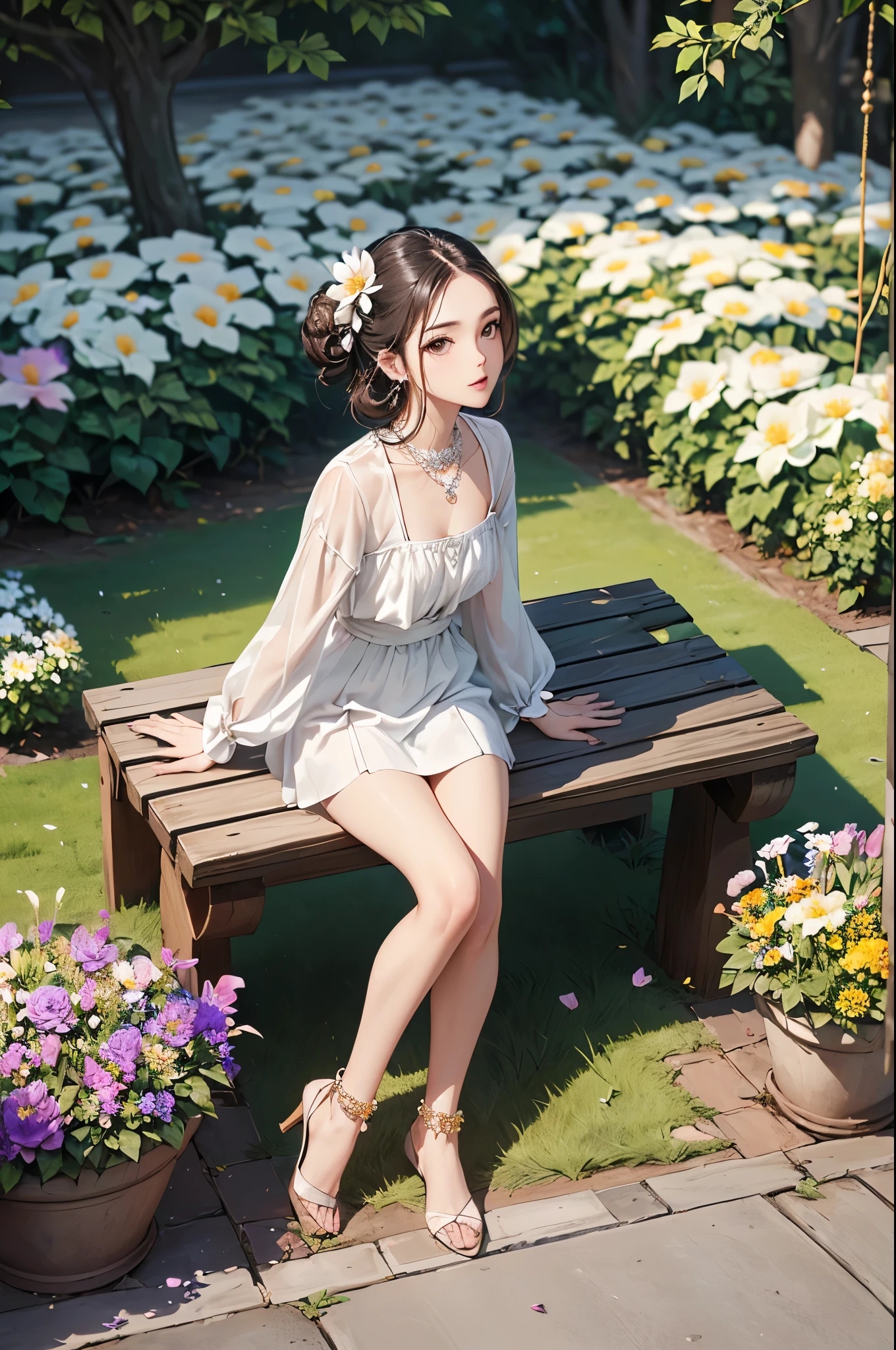 ((Biologically correct limb count))、((Full Body Shot, Full-body photo including face、Head to toe photos))、4K、masterpiece、((Focus on the face))、((Symmetrical facial features))、Eyes of meticulous depiction、One beautiful woman、Excellent style、(stockings、High heels with anklets）、Detailed Description、Small earrings、necklace、（Low - Angle）(((The background is a flower bed in full bloom)))、Sitting on a bench