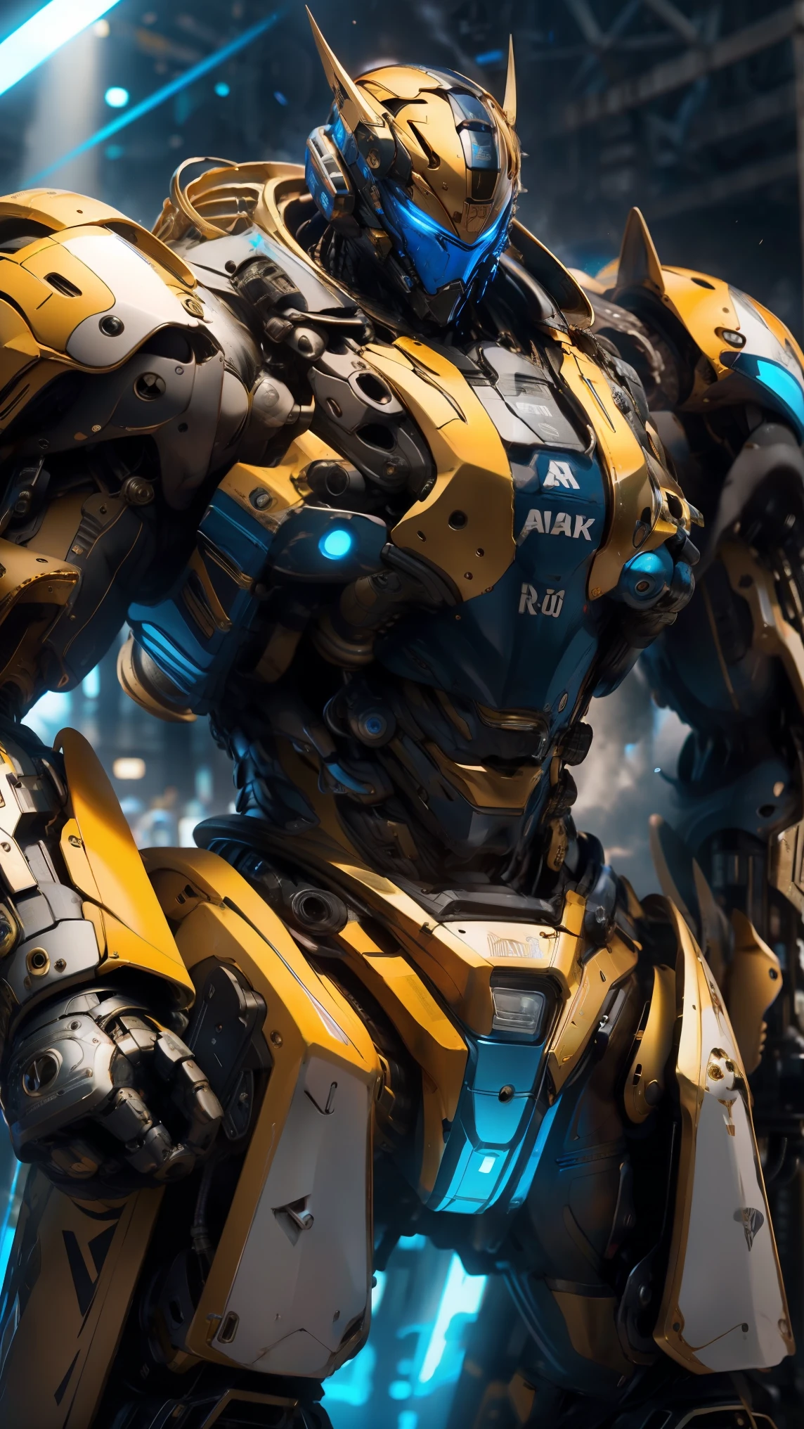 Dos robots gigantes de combate luchan en una arena futurista. Uno de ellos, metallic and blue, throw a punch at the other, de color negro y dorado. La multitud emocionada rodea la arena, with neon lights and smoke creating an intense atmosphere. Use a Canon EOS R5 camera with RF 70-200mm f lens/2.8L IS USM to capture damage details and metallic reflections.