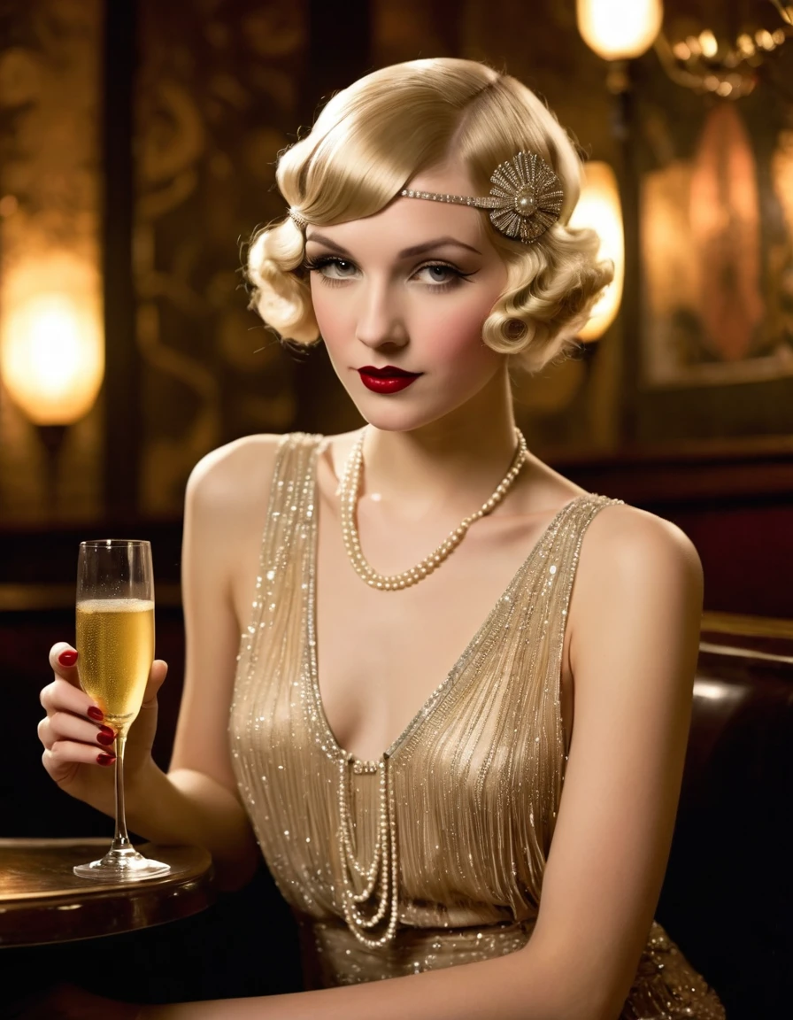 Very attractive 25 year old with long platonum blonde hayr, sat in 1920 speakeasy. 1920 flapper dress, 2920 hairstyle. Holding a glass of champagne. Very realistic