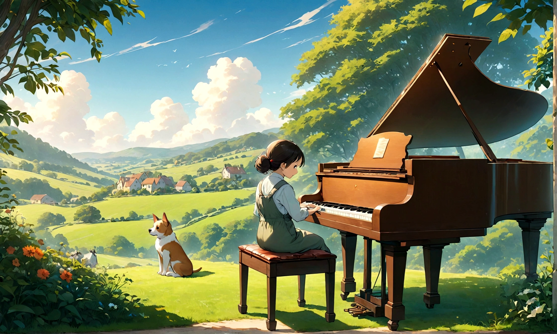 Create an image in a Studio Ghibli-inspired style featuring a dog sitting on a chair and playing a grand piano in a picturesque countryside setting. A human baby is nearby, listening to the music and visibly relaxing. The scene should include charming rural elements such as rolling hills, a clear blue sky, and lush greenery, capturing the essence of a peaceful and idyllic countryside. The overall atmosphere should be whimsical and serene, reflecting a moment of happiness and tranquility.