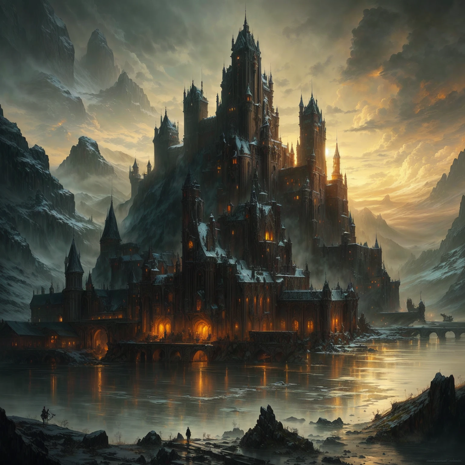 a painting of a cave with a waterfall and a bridge, highly detailed fantasy art, detailed fantasy digital art, beautiful fantasy cave scene, Fantasy art realistic painting, detailed fantasy art, fantasy art landscape, impressive fantasy landscape, breathtaking fantasy art, Wide Angle Fantasy Art, detailed matte fantasy painting, symmetrical epic fantasy art, Fantasy Painting HD, beautiful fantasy painting