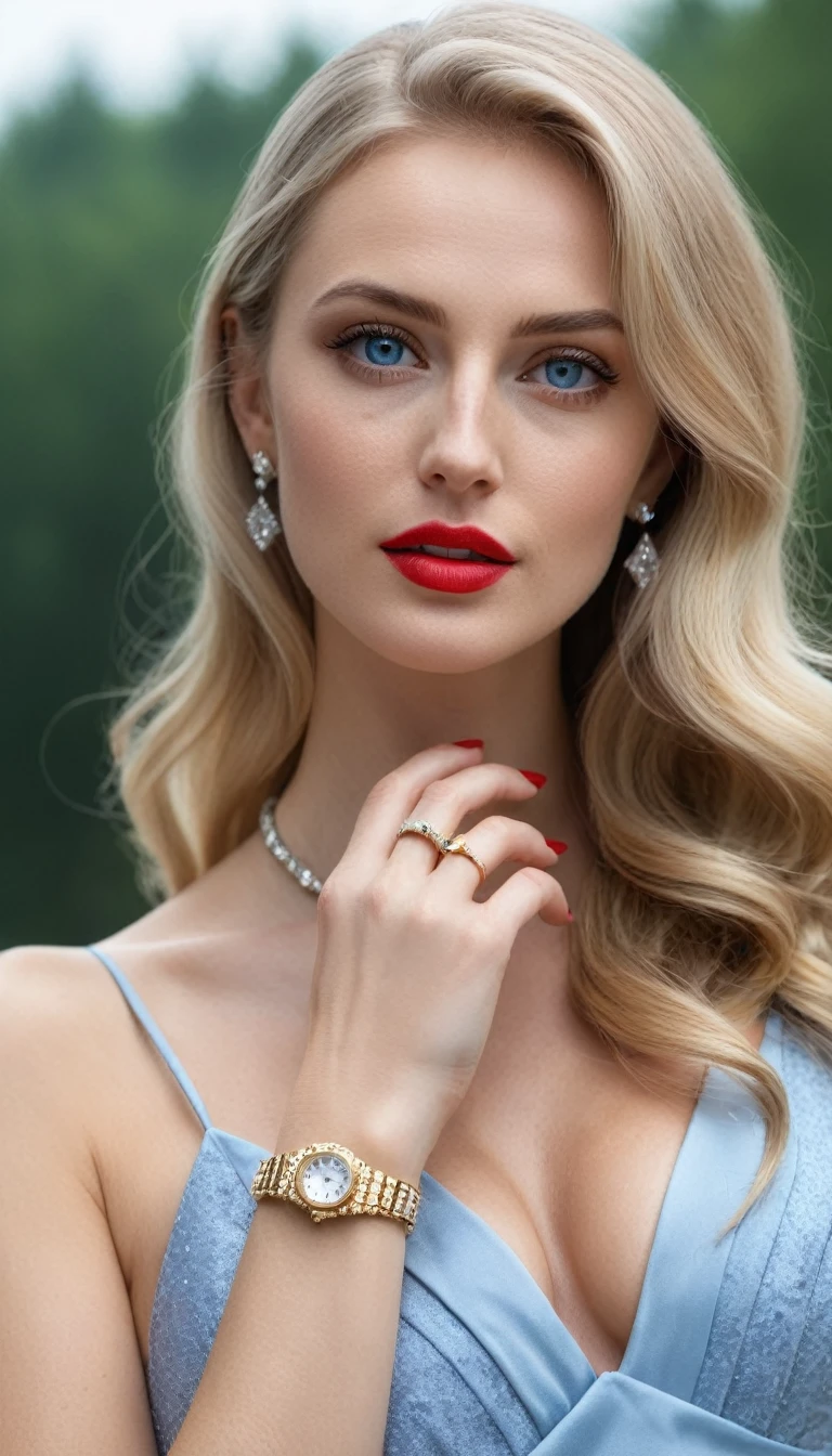 beautiful slender girl, long hair, blond hair, Nice dress, Dress without pleats. elegant dress, realistic photo, Photo Enhancement, Hands drawn, detailed hands, 4K quality (detailed), perfect face, realistic photo of beautiful woman, blue eyes, piercing eyes, long hair, blond hair, wearing detailed necklace, Polish, influencer, light freckles, big lips, no makeup, wearing detailed bracelet, wearing detailed watch, wearing detailed diamond ring, Instagram, 64k, sharp photo, perfect body, model looking, realistic photo of a woman, romantic atmosphere, The full-body shot of this attractive woman should feature a striking pose, random hairstyle, golden, blond hair color, shatush,  perfect detailed hands, perfect detailed fingers, ((best quality)), ((masterpiece)), (solo, full body photo:1.3), (action packed:1.3) (looking away:1.3), (haze, fog, mist:1.3), chiaroscuro, AnalogRedmAF (8k, RAW photo, best quality, masterpiece:1.2), (realistic, raw photo:1.37), best quality, ultra high res, 1woman,night,wet,rain,red (photorealistic face:1.2), (8k), (4k), (Masterpiece),(realistic skin texture), (illustration, cinematic lighting,wallpaper),(beautiful eyes:1.2),((((perfect face)))),(cute),(standing),(blonde hair),(long hair),grey eyes,red lips, (outdoors), perfect eyes Professional, modern, product-focused, commercial, eye-catching, highly detailed 