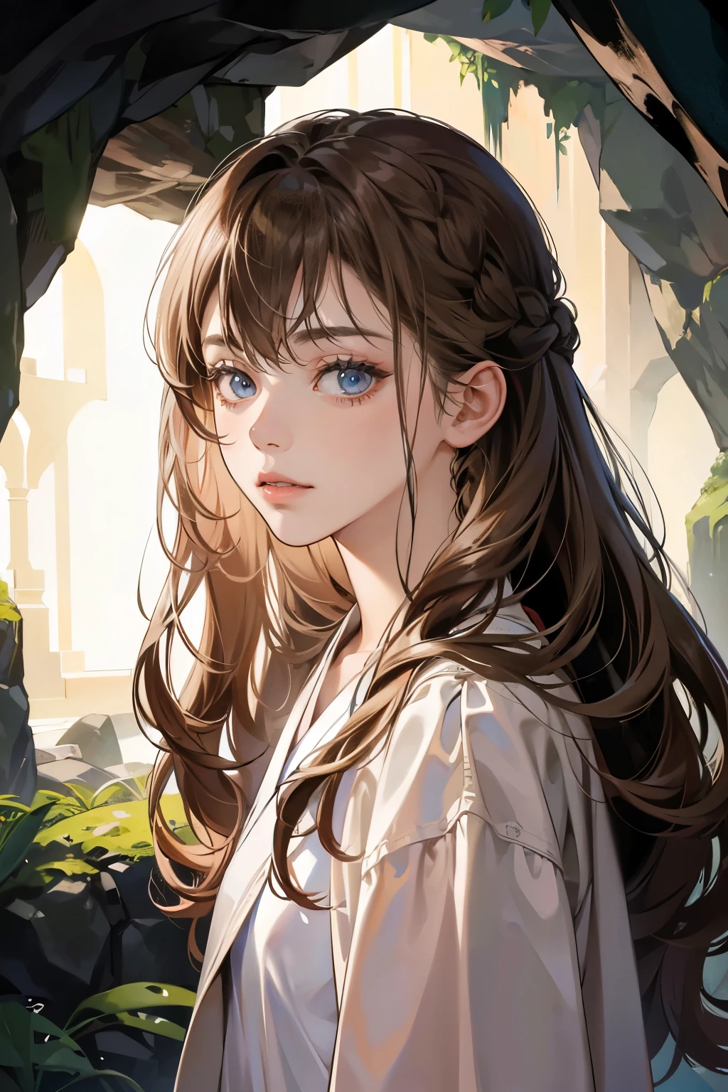 masuter piece, top-quality, best quality, portrait, 1 girl, adult, long brown hair in a French braid, white robe, in a deep dark cave, looking at viewer