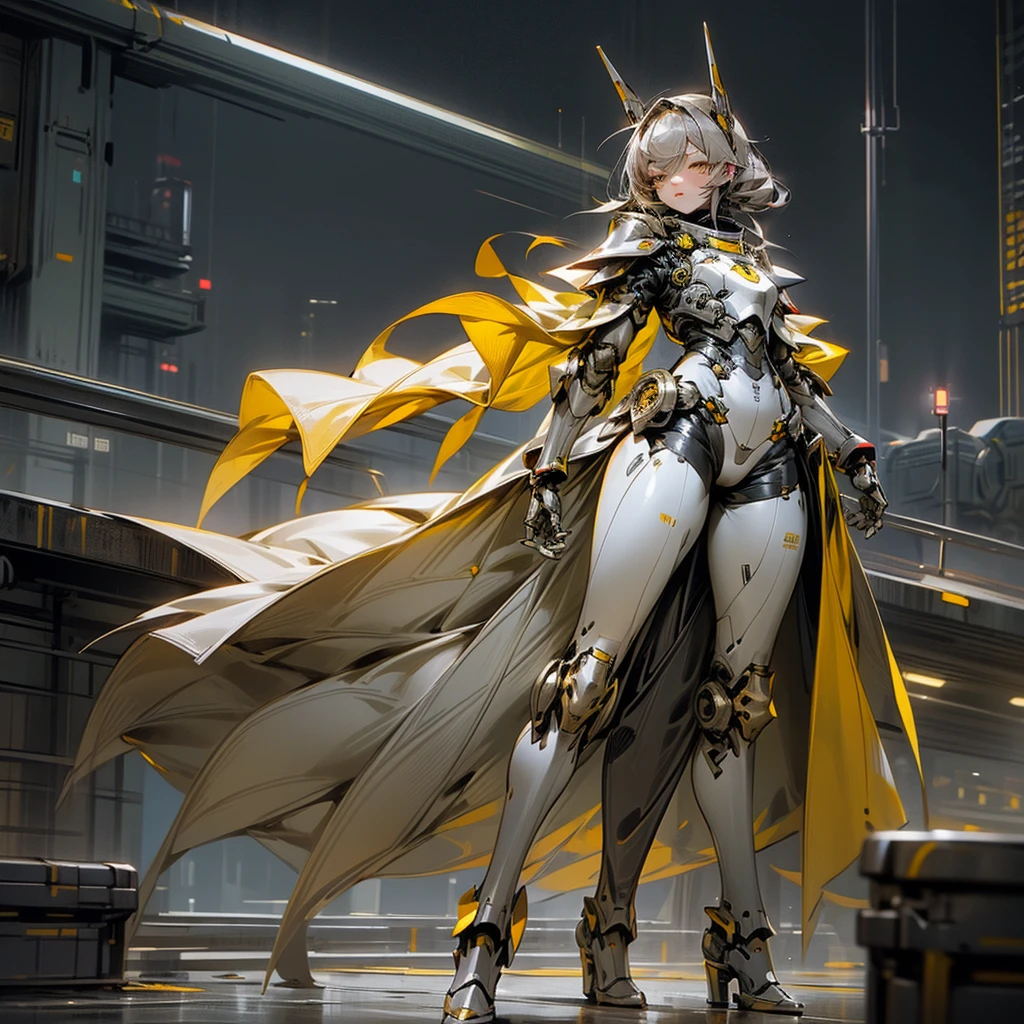 1girl, Female robot, superheroine, android girl, ager, with a gray with yellow accents full body metal armor, with a yellow cape, a yellow shinning decal in the chest, gray metal gloves and gray armored boots, and a metallic, long beam saber, pale skin, shinning yellow eyes, gray medium hair, wide hips, thick thighs, narrow waist, standing on the rooftop in the over a futuristic city at night ((only one character))