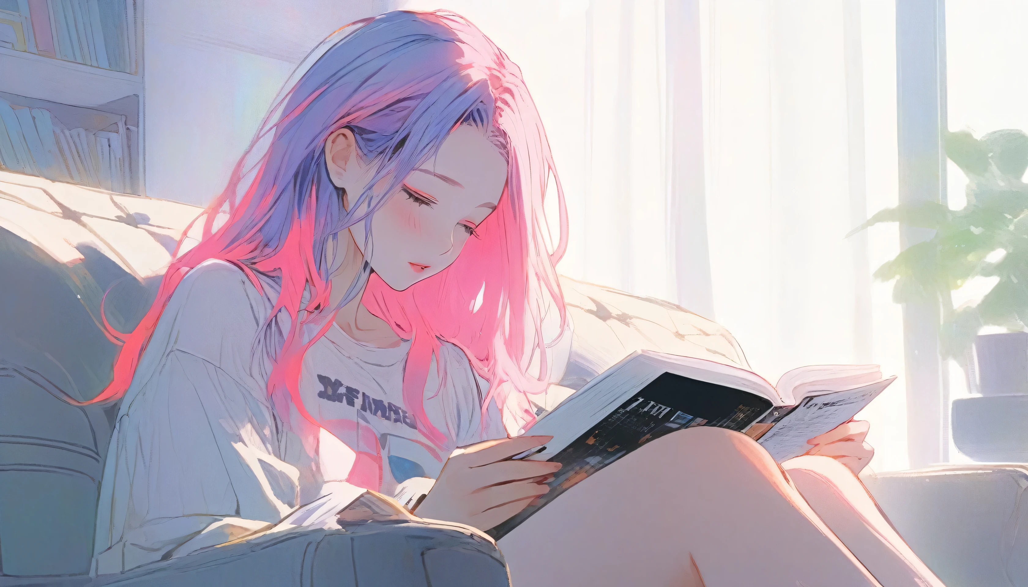Illustrator, anime , Realistic ,sketch , One girl, ,lip, Neon Hair,textured crop, (masterpiece,highest quality)、(Reading in the living room at home)