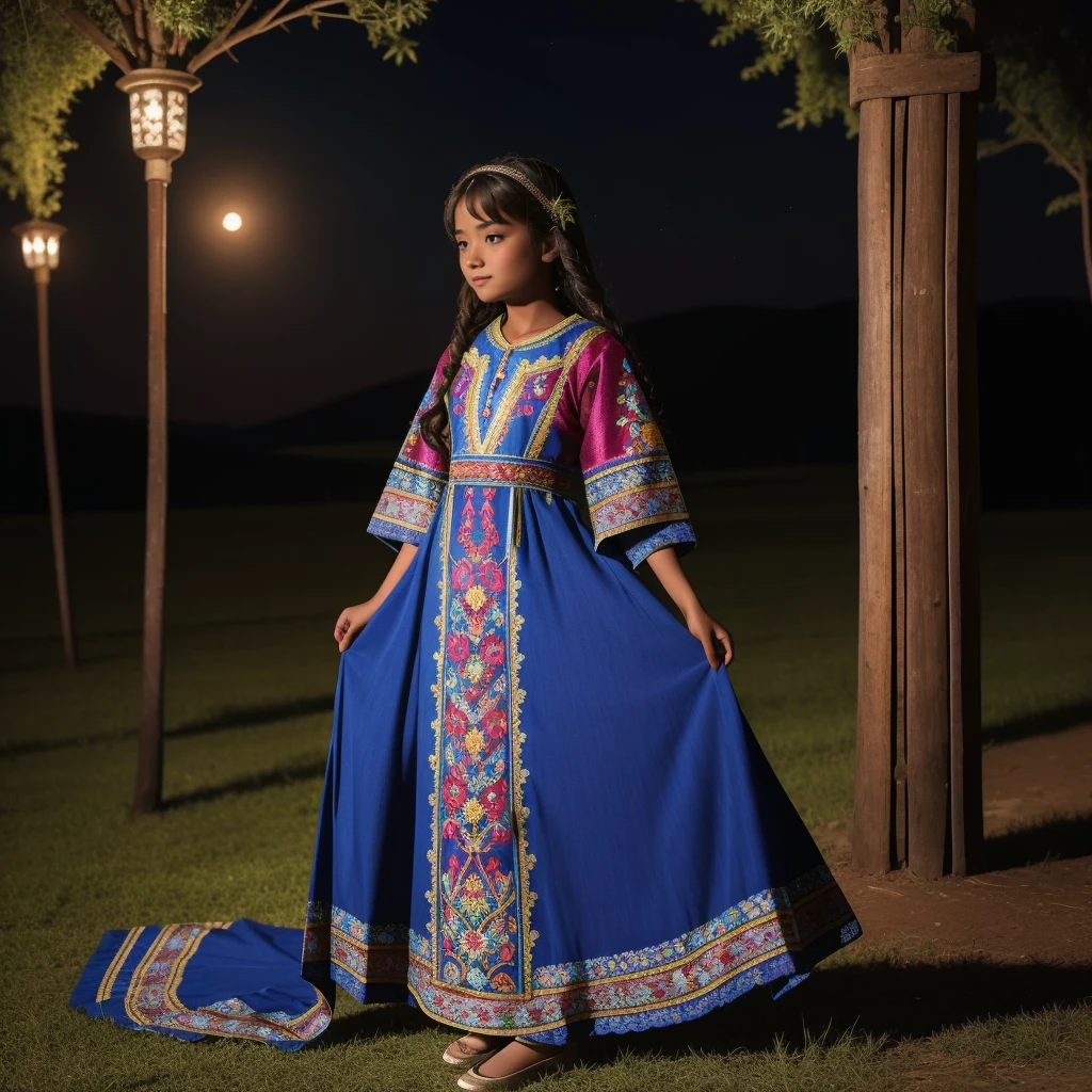 Highest quality、high quality、、Brightly embroidered ethnic costumes from Central Asia and the Caspian Sea region、Girl of the bride、Moonlit Grassland、moonlight、Long dress