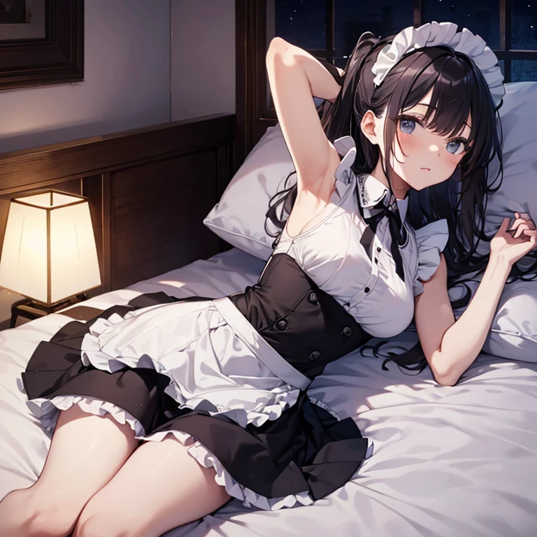 A maid, (in bedroom), various hair styles, night, details face, short skirt, seducing, sleeveless, maid uniform, armpits, laying on bed