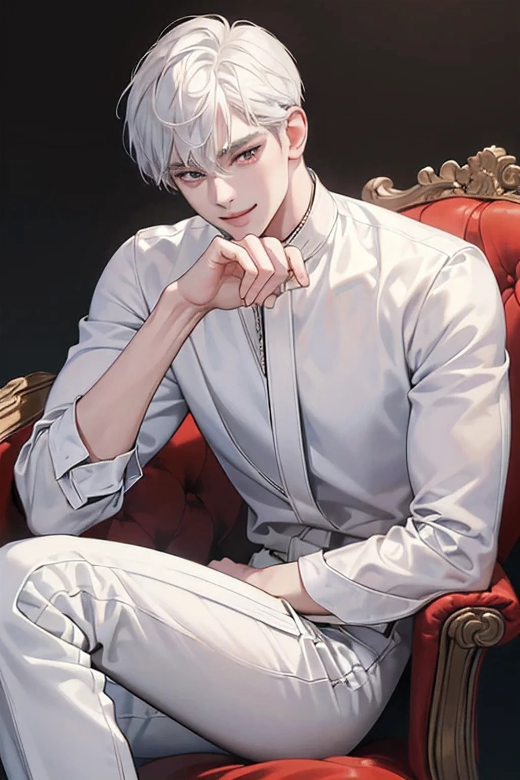 ​masterpiece, top-quality, hightquality, 1 juvenile, 独奏, Male Focus, Look at viewers, full bodyesbian, Black hoodie,Oversized clothes,long trousers,slacks,Sit on the black sofa,manage_Eishi, white_hair