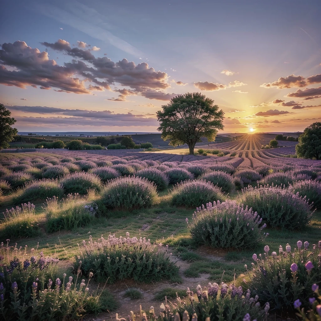 Stunning lavender field landscape Summer sunset with single tree