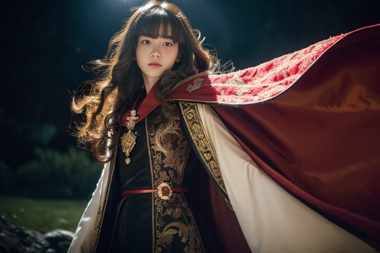 Japanese girl , 16 year old ,(middle hair, brown hair, fringe) ,black and white dress and red cape, wearing a noblewoman's outfit, wearing a luxurious royal cloak, wearing dramatic aristocrat robe, Wearing a luxurious silk cloak, wearing a luxurious cloak,
,(masterpiece, highest quality, Very detailed, Ultra-high resolution, (photopractical:1.4), Original photo, (practical:0.2), 8K HDR,)、dark room,  moon-lighting