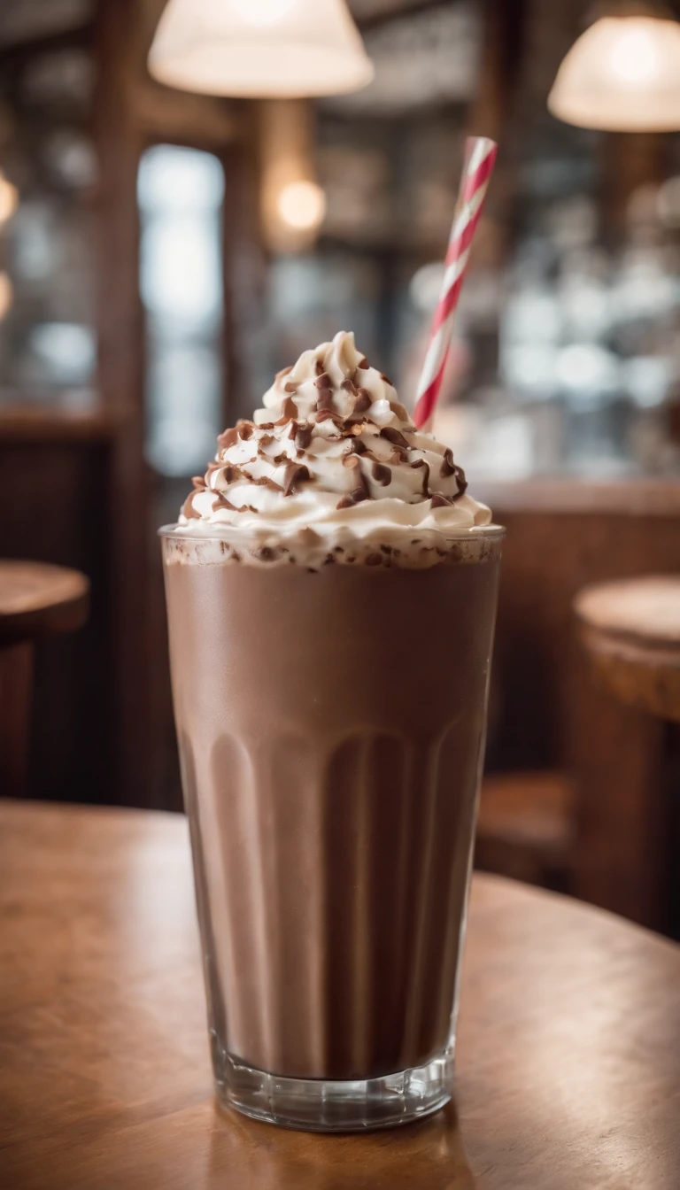 Close-up do POV (fotografia:1.2) of an old-fashioned chocolate milkshake, xarope, (Busy Retro Interior Cozy Dining, Pessoas em segundo plano