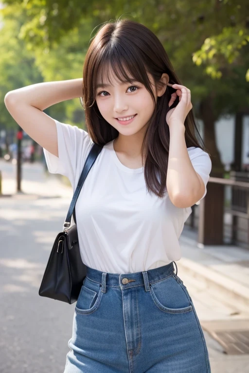 Produce the highest quality and highest resolution 8K images。The model is a 20-year-old Japanese woman.。The image depicts a person smiling at the camera and taking a commemorative photo at a tourist spot.。Draw the upper body of the model。She has brown eyes and a model figure.、She has an idol-level cute face.。Her hair is bob。Skin has a healthy color。Clothes、I'm wearing early summer clothes.。