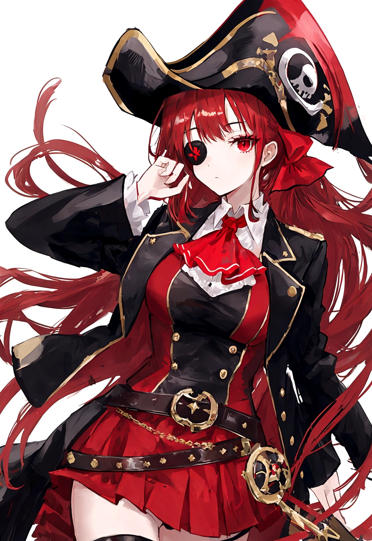 hair ribbon, red ascot, red skirt, belt, leotard under clothes, black leotard, black thighhighs, black coat, pirate hat, eyepatch, red eyes, long shot, on board a ship, ocean