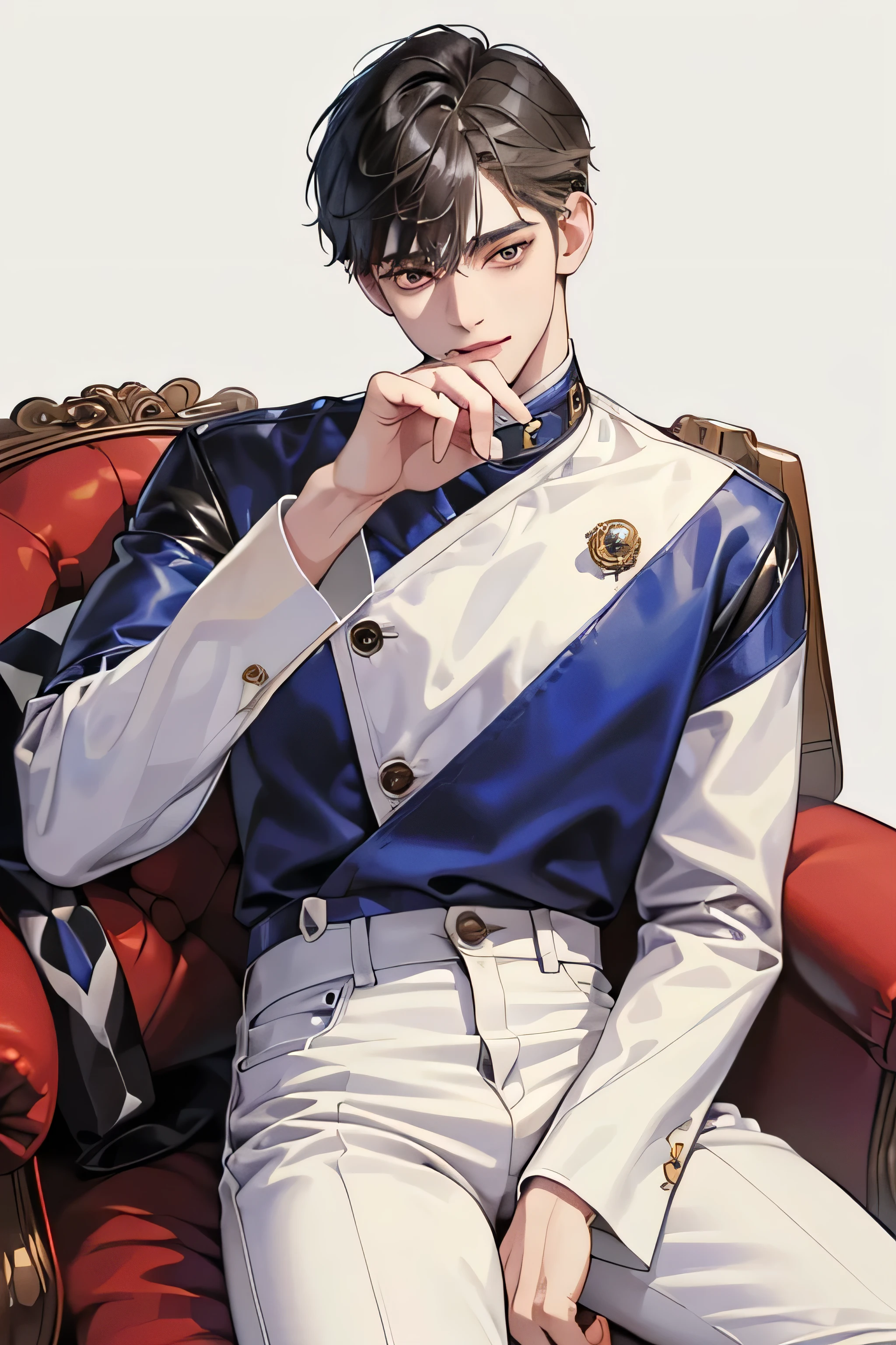 ((4K works))、masterpiece、(top-quality)、Background Photo Color White、Korean Man、Adult Man、((Adult 30 years old))、((Adult boy type))、((Leather Jeans Style))、Cool Men、tall、((Wild features))、((Wild look))、((smile expressions))、((Long sleeve white long trouser style))、((Diamond face))、((Thin Almond Eyes))、Slim body、(((short-haired)))、((Shot alone))、((Solo Photography))、Professional Photos、((He is in front of the viewer))、((Upper body photography))、((Sick Man))、((Mine Mans))、((sitting on the chair with his hand on his chin sassy pose))