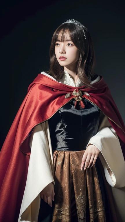 Japanese girl , 16 year old ,(middle hair, brown hair, fringe) ,black and white dress and red cape, wearing a noblewoman's outfit, wearing a luxurious royal cloak, wearing dramatic aristocrat robe, Wearing a luxurious silk cloak, wearing a luxurious cloak,
,(masterpiece, highest quality, Very detailed, Ultra-high resolution, (photopractical:1.4), Original photo, (practical:0.2), 8K HDR,)、dark room, moon-lighting