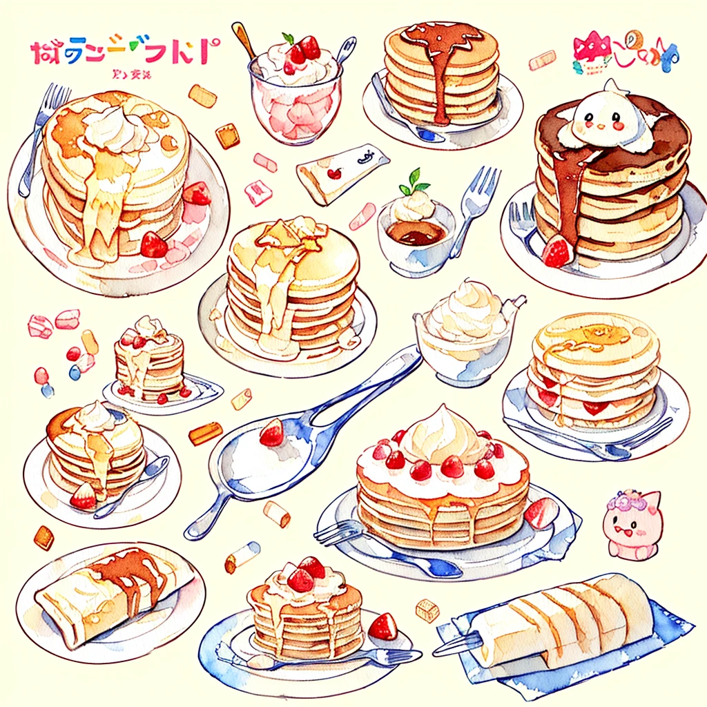 Pastel Colors: 1.5), (Cute Illustrations: 1.5), (Watercolor: 1.2), Yellow Background, Girl, Full Body, Smiling, Aloof, Pale Yellow, Moya, Marble, Colorful, Crepes, Sweets, Dessert, Pancakes, Plush Toy, Fancy, Fork, Spoon, Tea