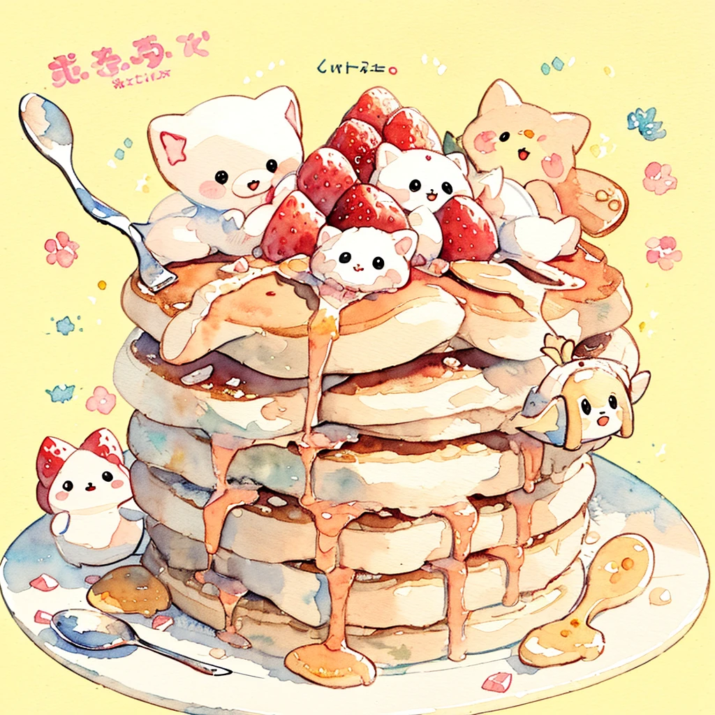 Pastel Colors: 1.5), (Cute Illustrations: 1.5), (Watercolor: 1.2), Yellow Background, Girl, Full Body, Smiling, Aloof, Pale Yellow, Moya, Marble, Colorful, Crepes, Sweets, Dessert, Pancakes, Plush Toy, Fancy, Fork, Spoon, Tea