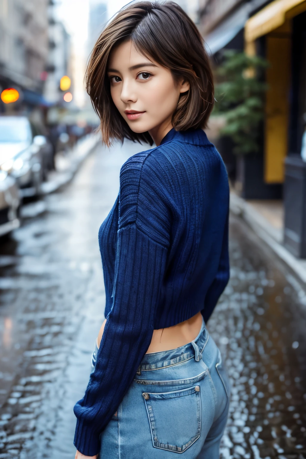 ((Top quality、8K、masterpiece:1.3))、Sharp focus:1.2、Beautiful woman with perfect body:1.4、Slim abs:1.2、((very short hair:1.2))、(Dark blue sweater、denim:1.1)、(rain、a street:1.2)、Damp body:1.5、3D Textures、Delicate eyes、brown hair、Hair is very shiny、Rear view、Improve hair quality、Handsome short、short hair blonde。