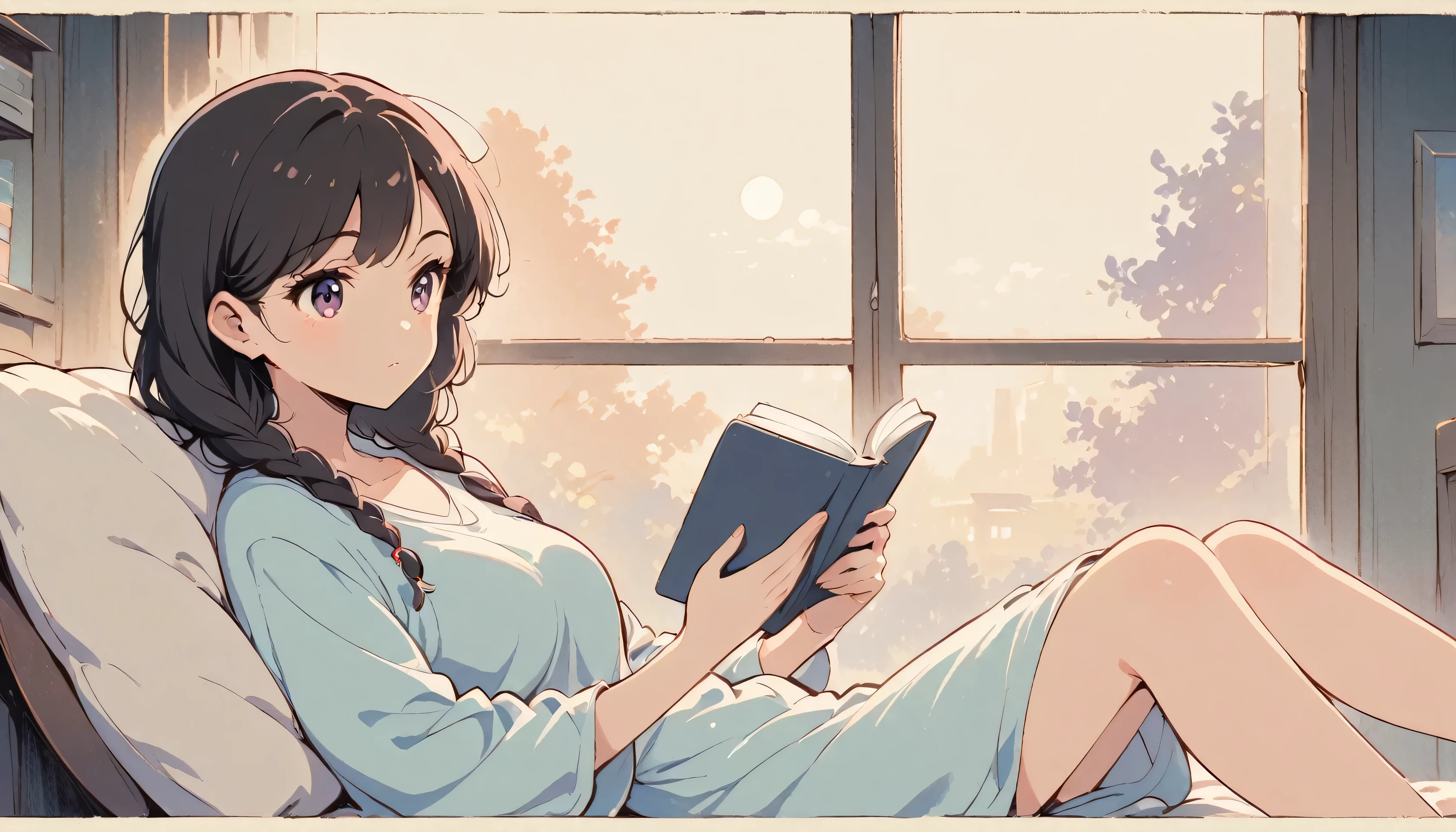 Lo-Fi style anime illustration, woman in her 20s, room, relaxing, reading a book, full moon night, visible through window, relaxed atmosphere, soft lighting, soft color tones, warm furniture