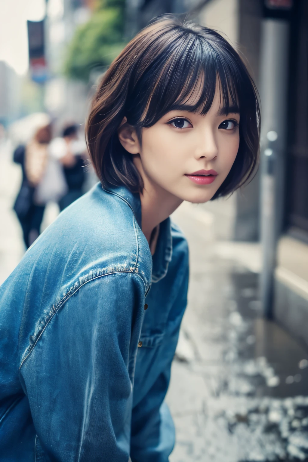 ((Top quality、8K、masterpiece:1.3))、Sharp focus:1.2、Beautiful woman with perfect body:1.4、Slim abs:1.2、((very short hair:1.2))、(Dark blue sweater、denim:1.1)、(rain、a street:1.2)、Damp body:1.5、3D Textures、Delicate eyes、brown hair、Hair is very shiny、Rear view、Improve hair quality、Handsome short、short hair blonde。