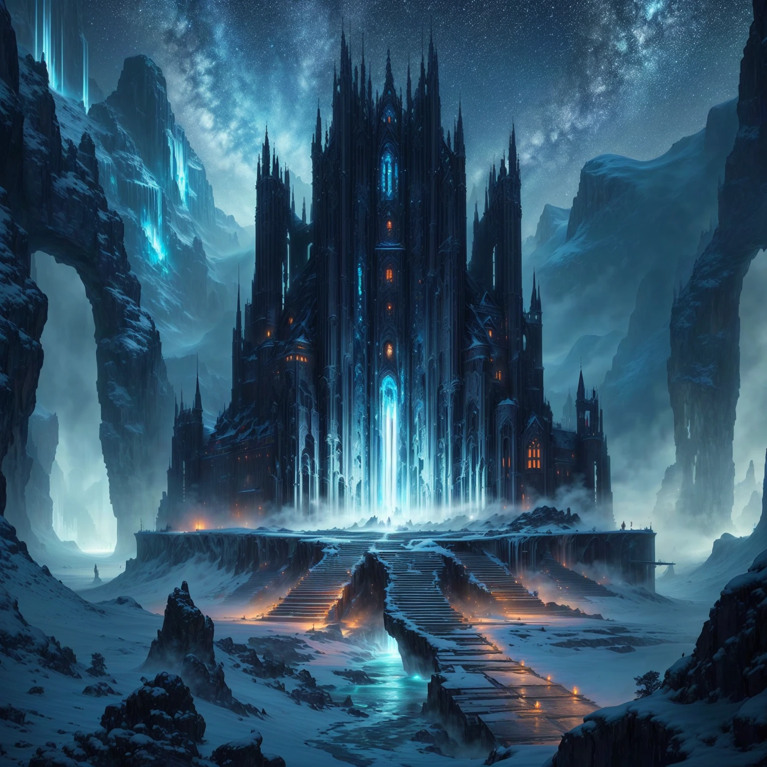 a large castle in the middle of a frozen mountain with a waterfall, riesige futuristische Tempelstadt, mystische Sci-Fi-Konzeptkunst, Eisstadt im Jahr 2 0 8 0, Futuristisches Schloss, symmetrische epische Fantasy-Kunst, arstation und beeple hoch, Jessica Rossier Fantasy Art, large and structured Walhalla city, von Christopher Balaskas, 8k Matte Painting