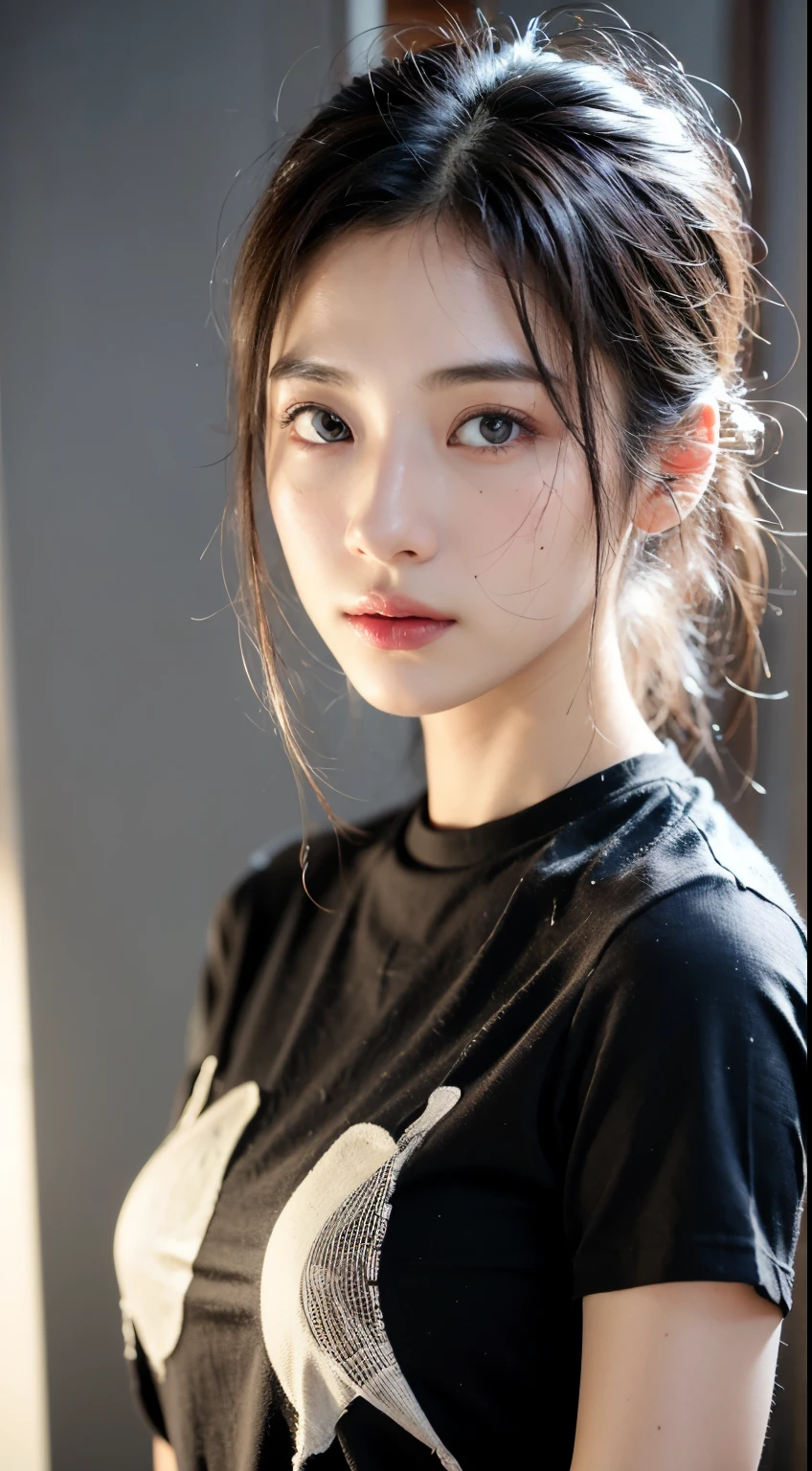 Wear, (photo Practical:1.4), (hyper Practical:1.4), (Practical:1.3), (Smoother lighting:1.05), (Improve lighting quality:0.9), 32k, 1 Girl,20 year old girl, Practical lighting, Backlight, There is light on the face, Ray Tracing, (Brighter Lights:1.2), (quality improvement:1.4), (The best quality real skin texture:1.4), Delicate eyes, Delicate face, good quality eyes, (Tired, sleepy and satisfied:0.0), Close-up of face, t-shirt, (Increase body line emotions:1.1), (Enhance Skin Texture Beauty:1.1)