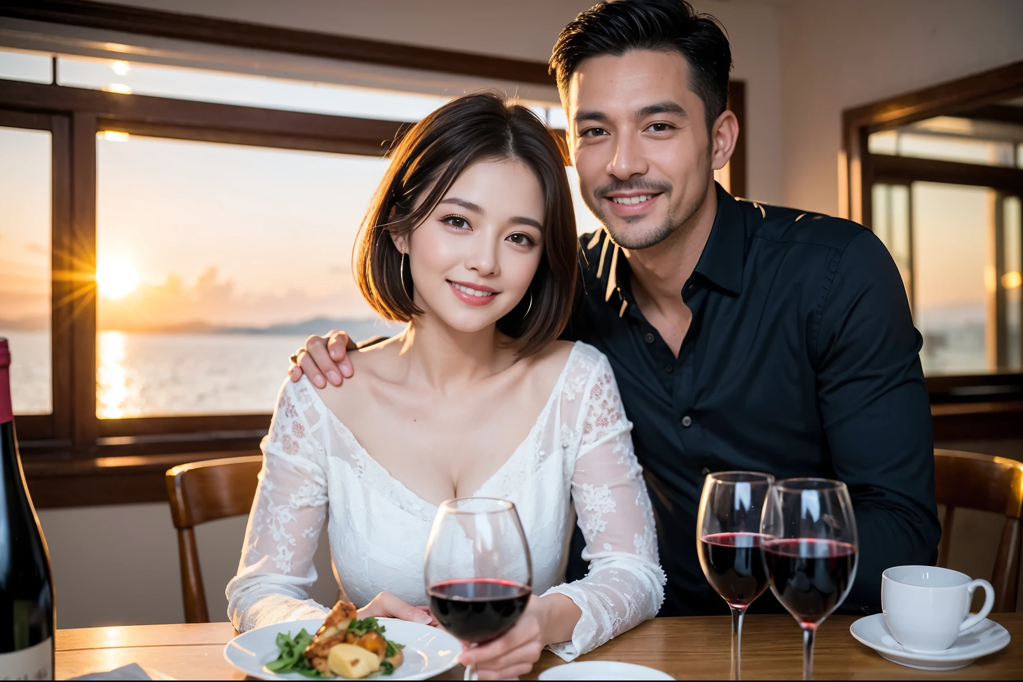 ((highest quality、8k、masterpiece:1.3))、 (Genuineistic, Genuine、Bright image、Intricate details:1.2), Best smile 1 man 1 woman、Beautiful Couple、lover、spouse、Couple、family、Party、Smile、full-course dinner、 (Slim face), (The body is slim), (Brown Hair), (short hair), テーブルの上のwine glass、Please shine a light on my face、 Amazing view of the sunset sky and clouds、 (Age 44), 41 years old, red wine 、Appetizers、Wine bottle、sparkling wine、Long sleeve shirt、dress、White wine, red wine, wine glass,