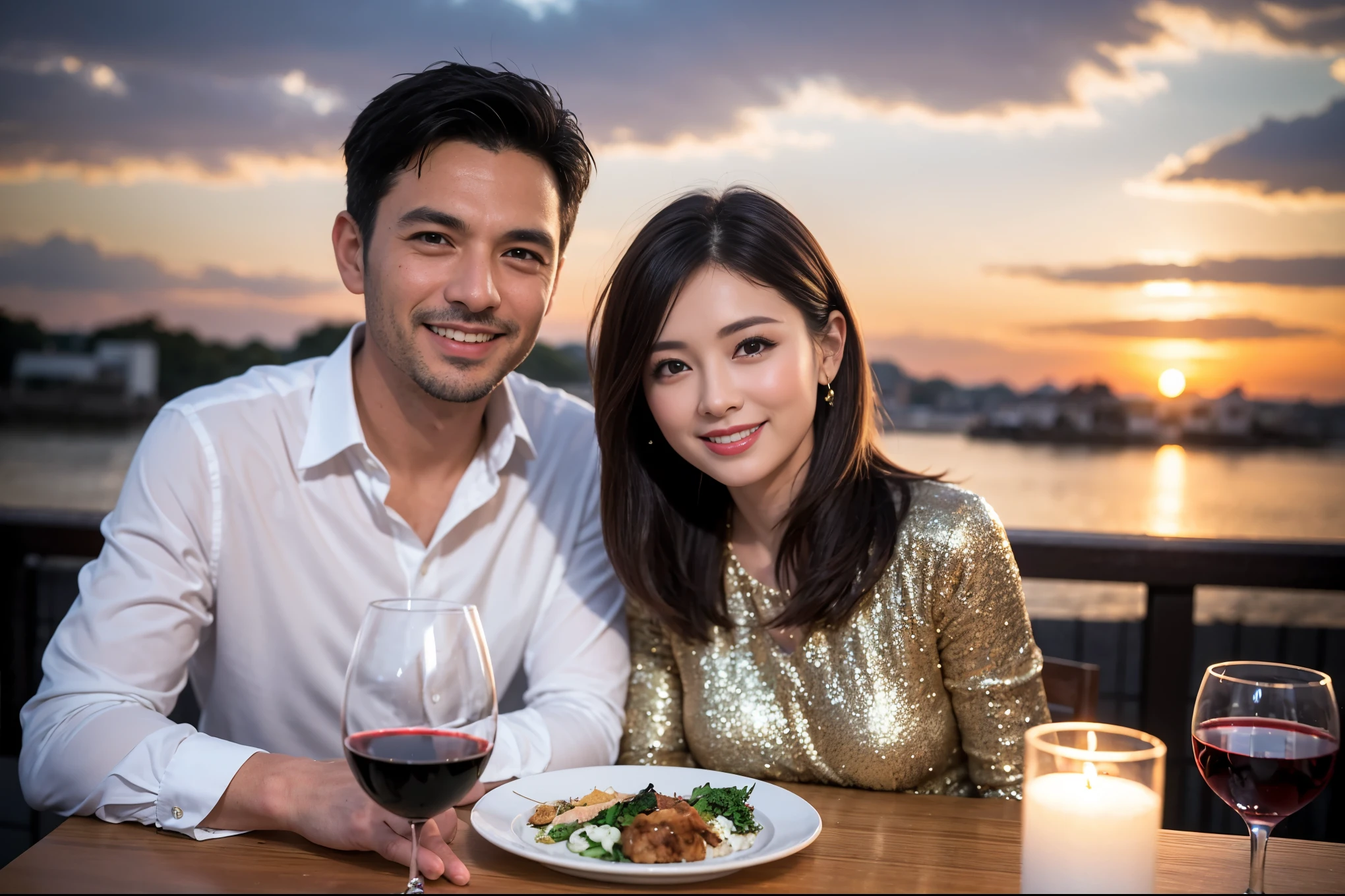 ((highest quality、8k、masterpiece:1.3))、 (Genuineistic, Genuine、Bright image、Intricate details:1.2), Best smile 1 man 1 woman、Beautiful Couple、lover、spouse、Couple、family、Party、Smile、full-course dinner、 (Slim face), (The body is slim), (Brown Hair), (short hair), テーブルの上のwine glass、Please shine a light on my face、 Amazing view of the sunset sky and clouds、 (Age 44), 41 years old, red wine 、Appetizers、Wine bottle、sparkling wine、Long sleeve shirt、dress、White wine, red wine, wine glass,