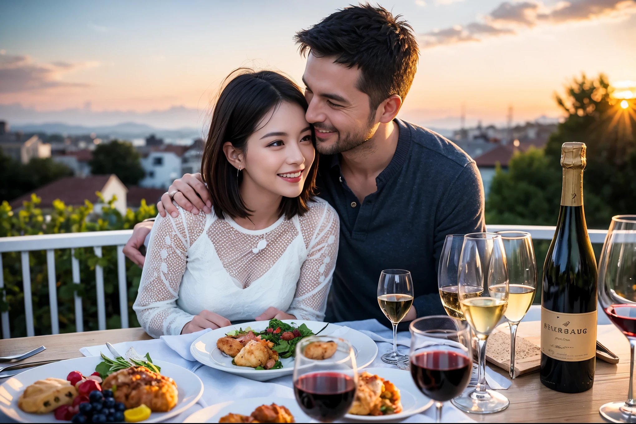 ((highest quality、8k、masterpiece:1.3))、 (Genuineistic, Genuine、Bright image、Intricate details:1.2), Best smile 1 man 1 woman、Beautiful Couple、lover、spouse、Couple、family、Party、Smile、full-course dinner、 (Slim face), (The body is slim), (Brown Hair), (short hair), テーブルの上のwine glass、Please shine a light on my face、 Amazing view of the sunset sky and clouds、 (Age 44), 41 years old, red wine 、Appetizers、Wine bottle、sparkling wine、Long sleeve shirt、dress、White wine, red wine, wine glass,