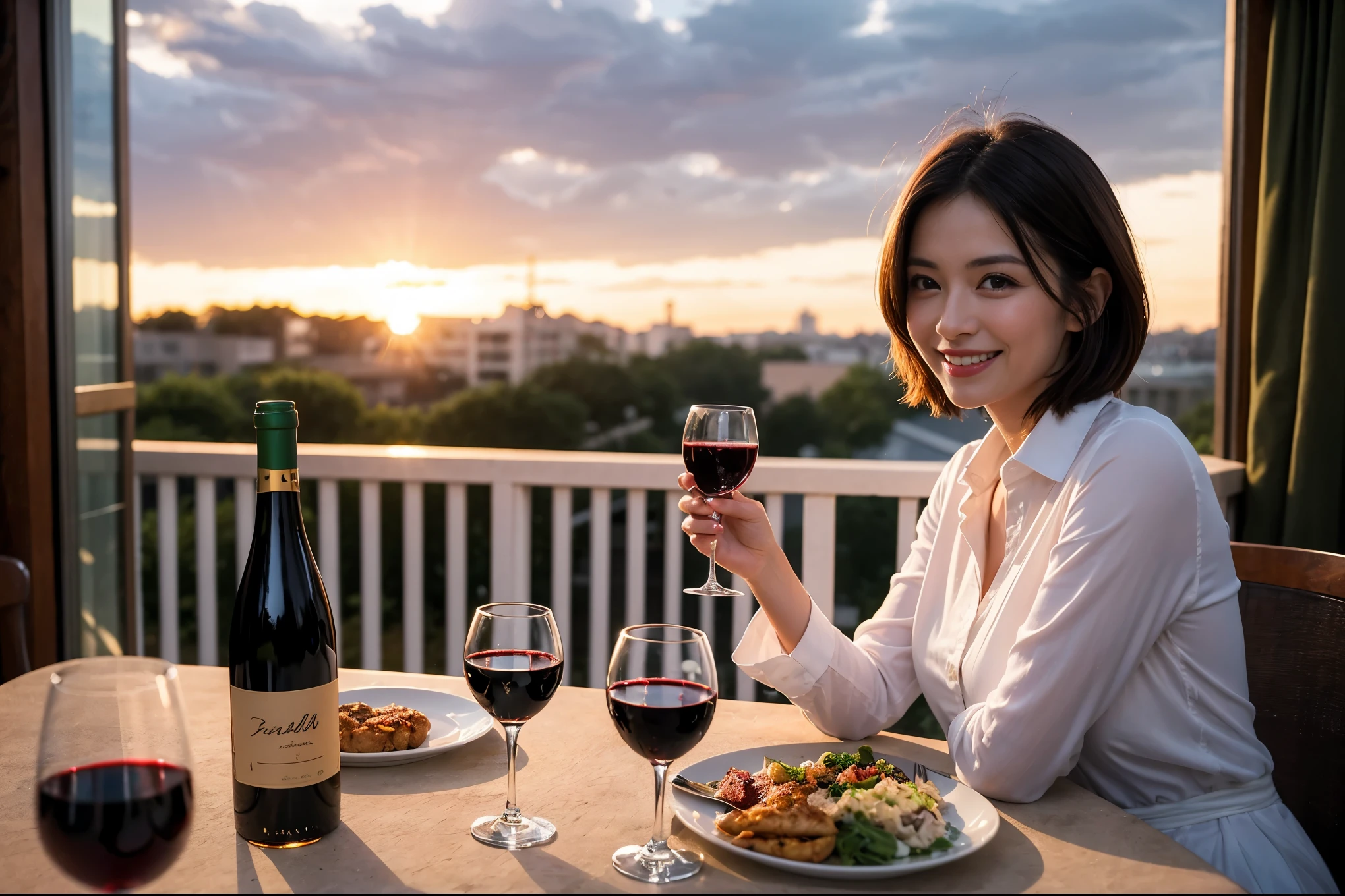 ((highest quality、8k、masterpiece:1.3))、 (Genuineistic, Genuine、Bright image、Intricate details:1.2), Best smile 1 man 1 woman、Beautiful Couple、lover、spouse、Couple、family、Party、Smile、full-course dinner、 (Slim face), (The body is slim), (Brown Hair), (short hair), テーブルの上のwine glass、Please shine a light on my face、 Amazing view of the sunset sky and clouds、 (Age 44), 41 years old, red wine 、Appetizers、Wine bottle、sparkling wine、Long sleeve shirt、dress、White wine, red wine, wine glass,