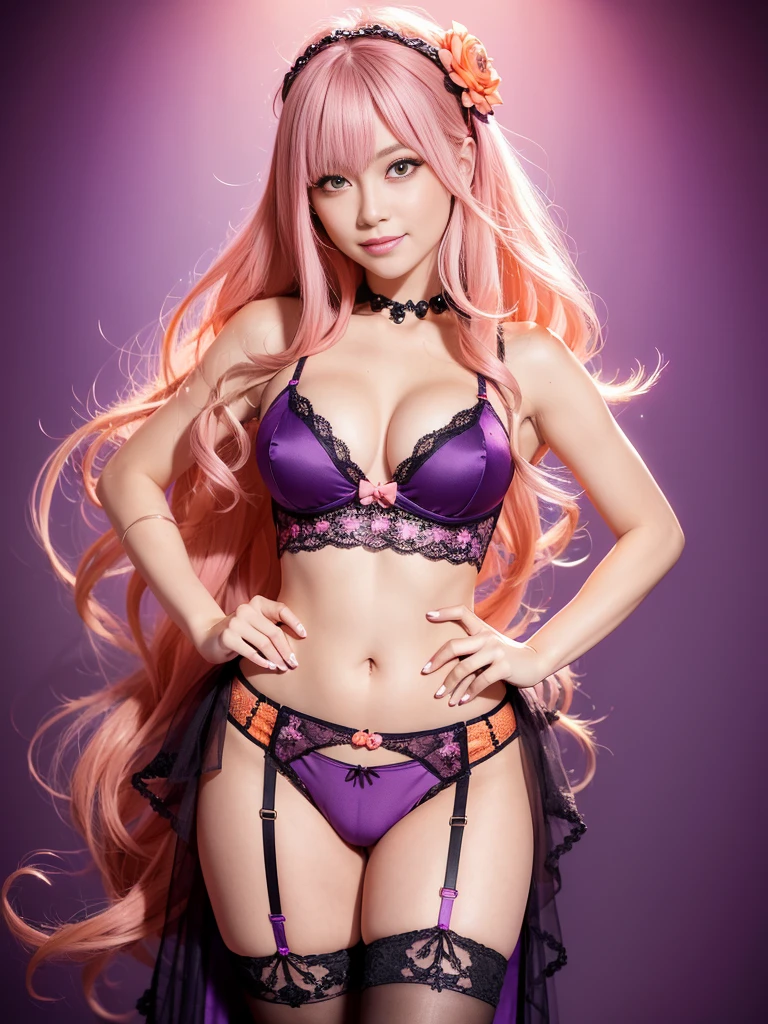 ultra realistic girl, smiling face, sparkling orange and pink diamond jewelry, orange and pink ombre flowers background, portrait, halloween, goth, gyaru, very long purple flowing hair, garter belt, ultra detailed cute lack lace underwear, sweet and sexy, seductive pose