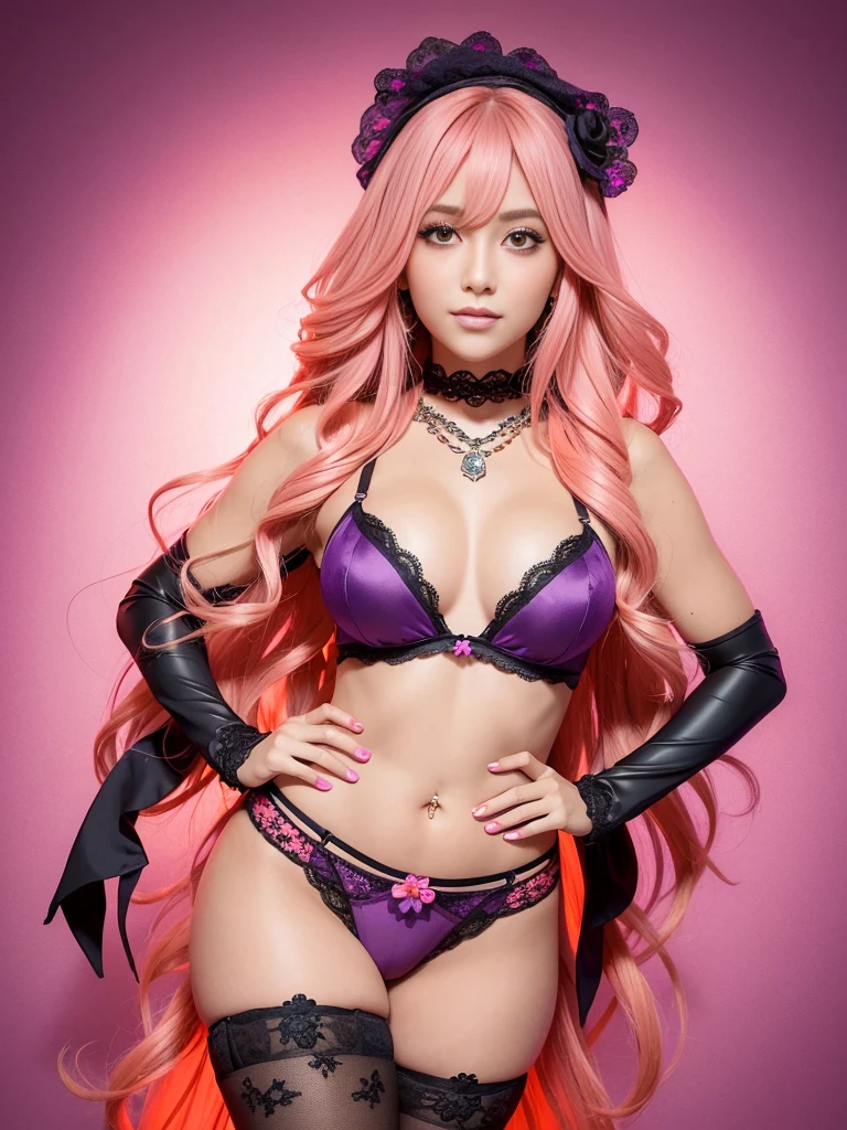 ultra realistic girl, smiling face, sparkling orange and pink diamond jewelry, orange and pink ombre flowers background, portrait, halloween, goth, gyaru, very long purple flowing hair, garter belt, ultra detailed cute lack lace underwear, sweet and sexy, seductive pose