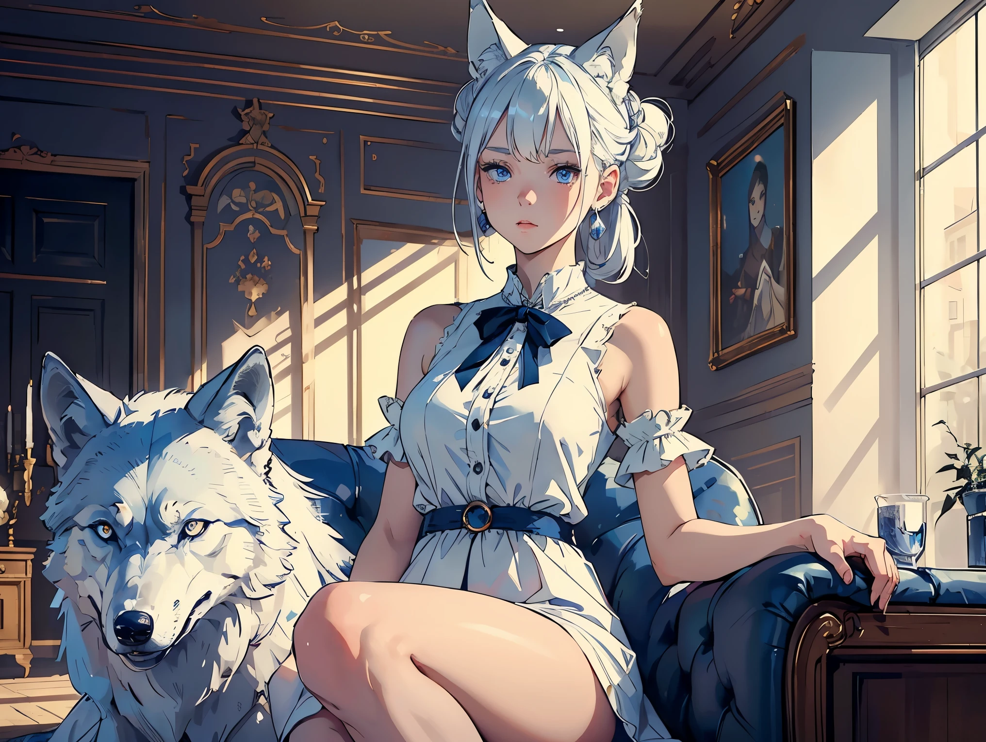 Girl1,round face,blue eyes,white hair,double bun hairstyle,short a dress,(a wolf as a pet,Sitting with the wolf in the living room)retina,masterpiece,ccurate,anatomical correct, textured skin,super detail,high quality,high details,best quality,highres,UHD,1080P