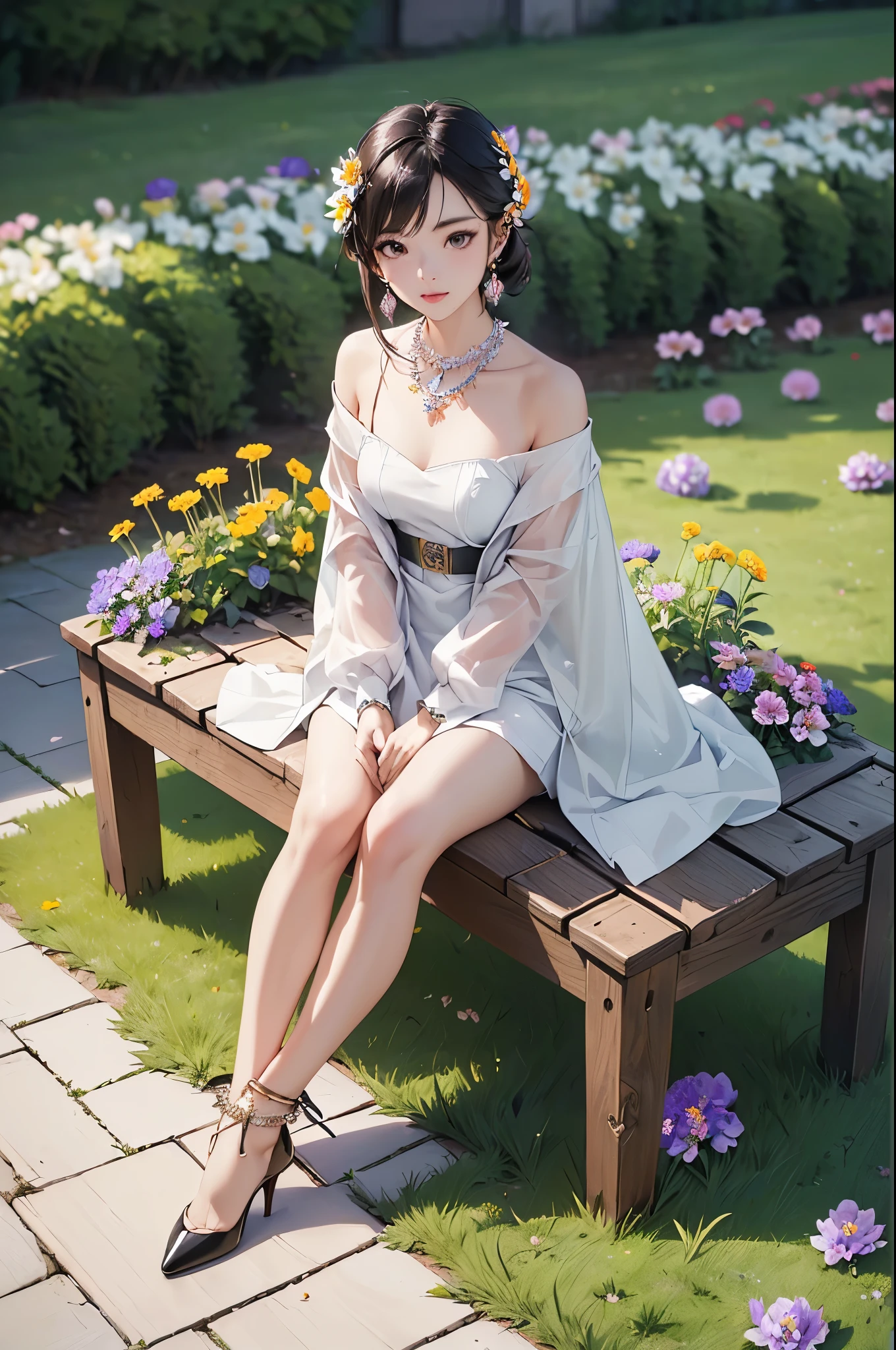 ((Biologically correct limb count))、((Full Body Shot, Full-body photo including face、Head to toe photos))、4K、masterpiece、((Focus on the face))、((Symmetrical facial features))、Eyes of meticulous depiction、One beautiful woman、Excellent style、(stockings、High heels with anklets)、Detailed Description、Small earrings、necklace、(Low - Angle)(((The background is a flower bed in full bloom)))、Sitting on a bench、latex、leather