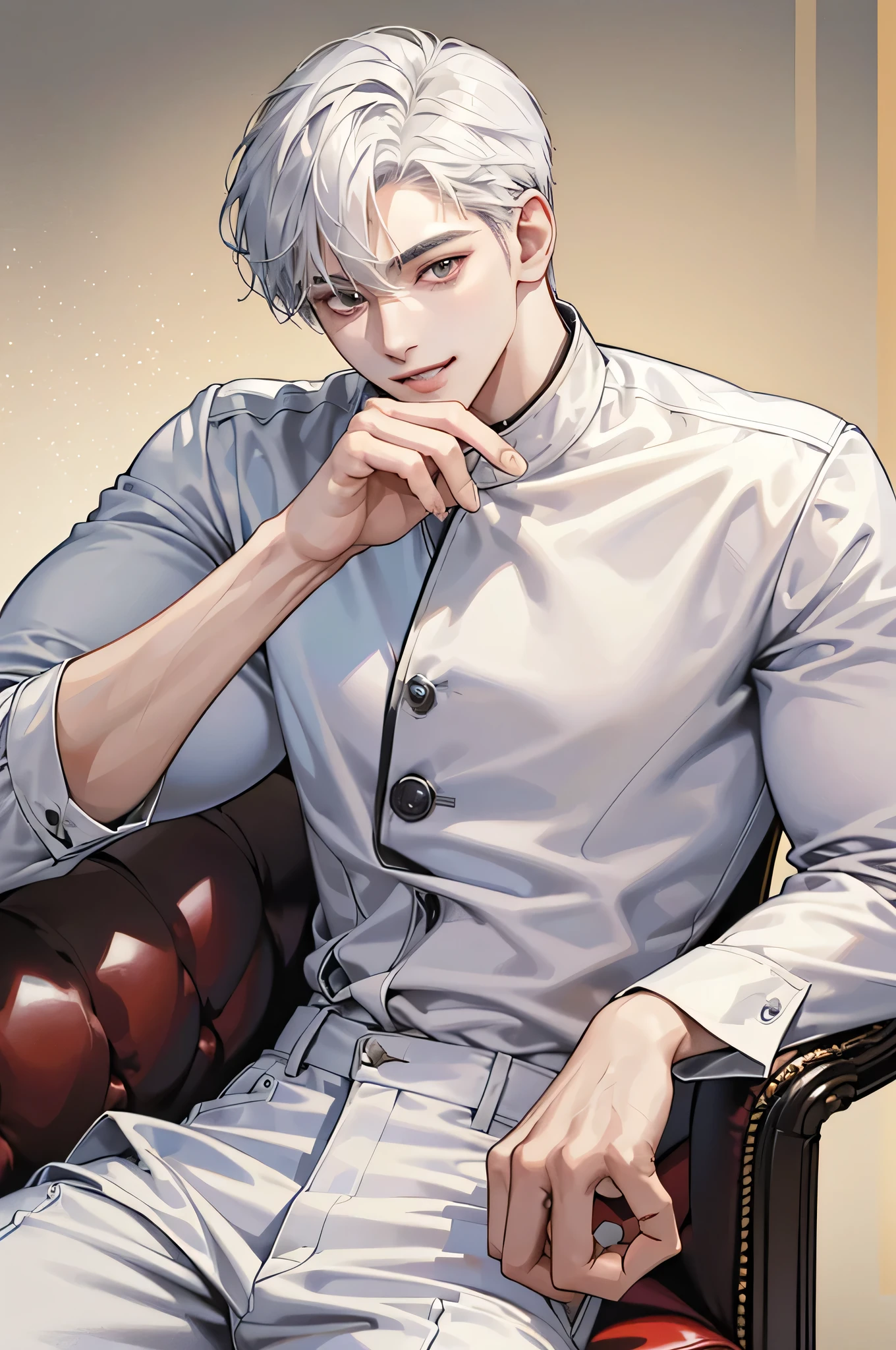 ((4K works))、masterpiece、(top-quality)、Background Photo Color White、Korean Man、Adult Man、((Adult 30 years old))、((Adult boy type))、((Leather Jeans Style))、Cool Men、tall、((Wild features))、((Wild look))、((smile expressions))、((Long sleeve white long trouser style))、((Diamond face))、((Thin Almond Eyes))、Slim body、(((short-haired)))、((Shot alone))、((Solo Photography))、Professional Photos、((He is in front of the viewer))、((Upper body photography))、((Sick Man))、((Mine Mans))、((sitting on the chair with his hand on his chin sassy pose))
