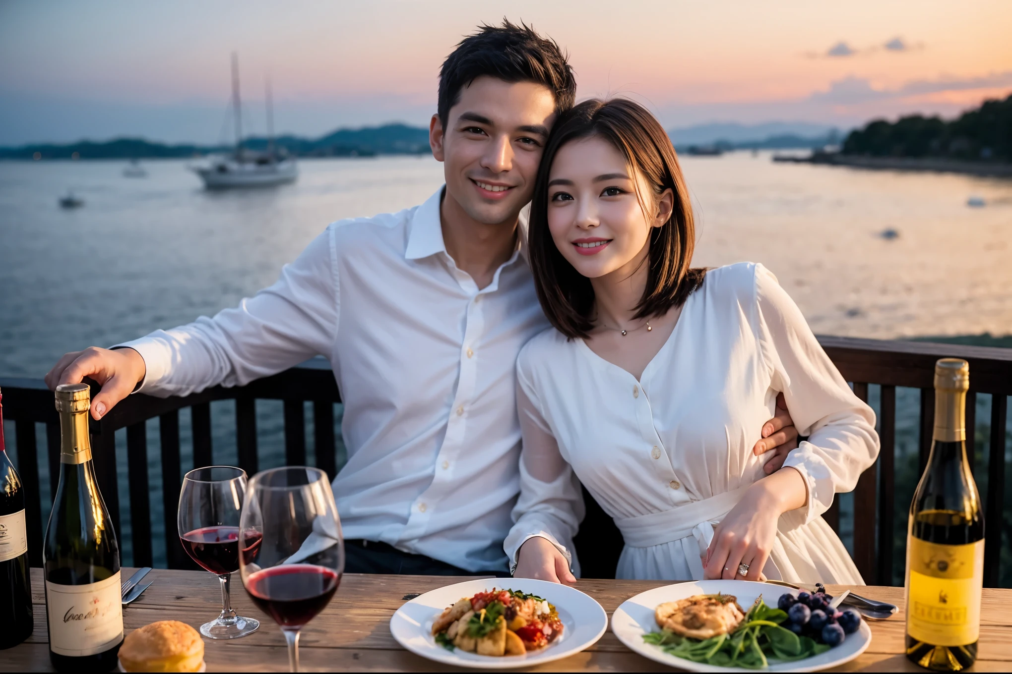 ((highest quality、8k、masterpiece:1.3))、 (Genuineistic, Genuine、Bright image、Intricate details:1.2), Best smile 1 man 1 woman、Beautiful Couple、lover、Engaged Couple、family、actress、model、Smile、full-course dinner、 (Slim face), (The body is slim), (Brown Hair), (short hair), テーブルの上のwine glass、Please shine a light on my face、 Amazing view of the sunset sky and clouds、 (Age 37), 41 years old, red wine 、Appetizers、Wine bottle、sparkling wine、Long sleeve shirt、dress、White wine, red wine, wine glass,
