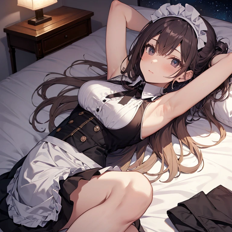 A maid, (in bedroom), various hair styles, night, details face, short skirt, seducing, sleeveless, maid uniform, armpits, laying on bed