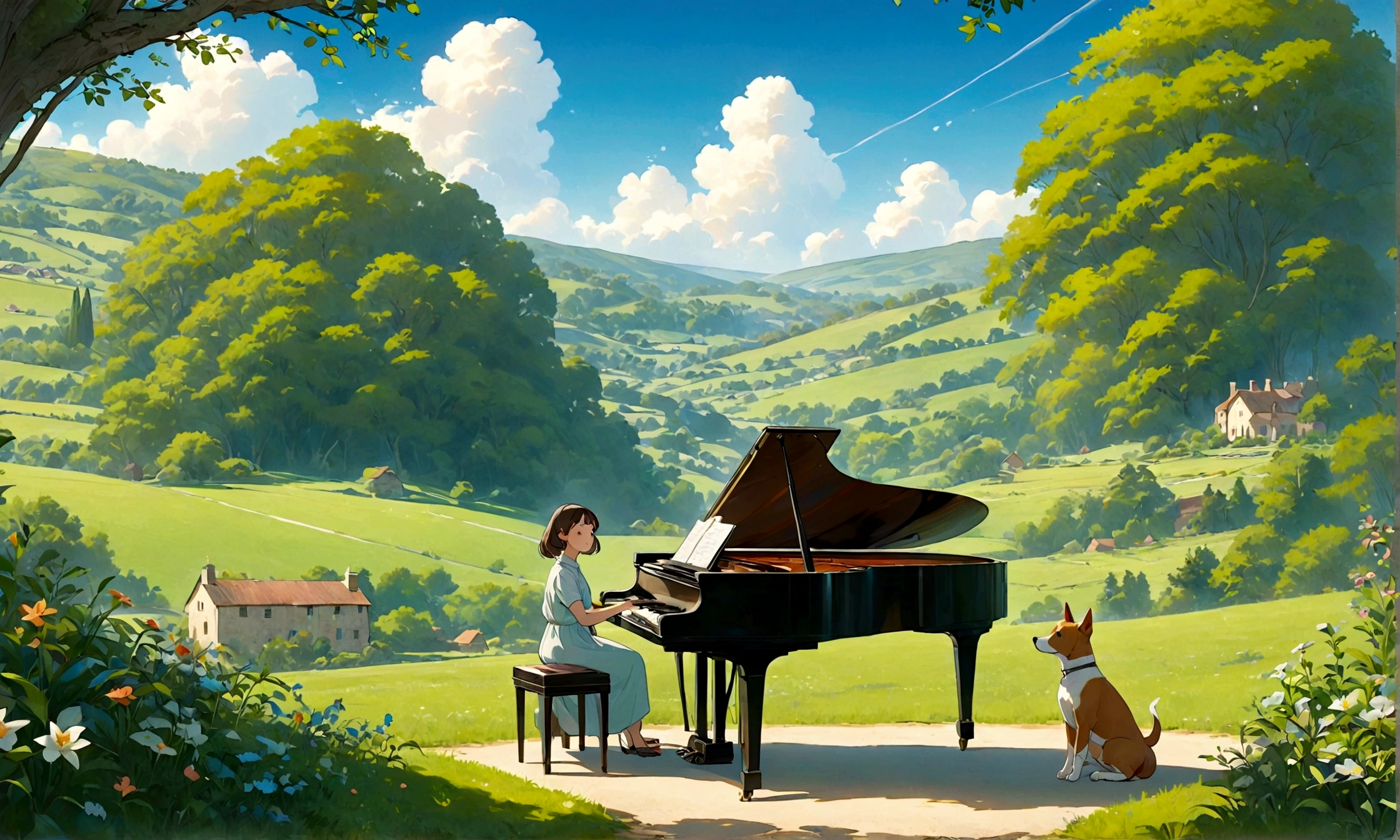 Create an image in a Studio Ghibli-inspired style featuring a dog sitting on a chair and playing a grand piano in a beautiful countryside setting. Nearby, a human baby is relaxing, enjoying the peaceful environment. The scene should include elements of a picturesque rural landscape such as rolling hills, a clear blue sky, and lush greenery. The overall atmosphere should be whimsical and serene, capturing the essence of happiness and tranquility in a charming, idyllic countryside.