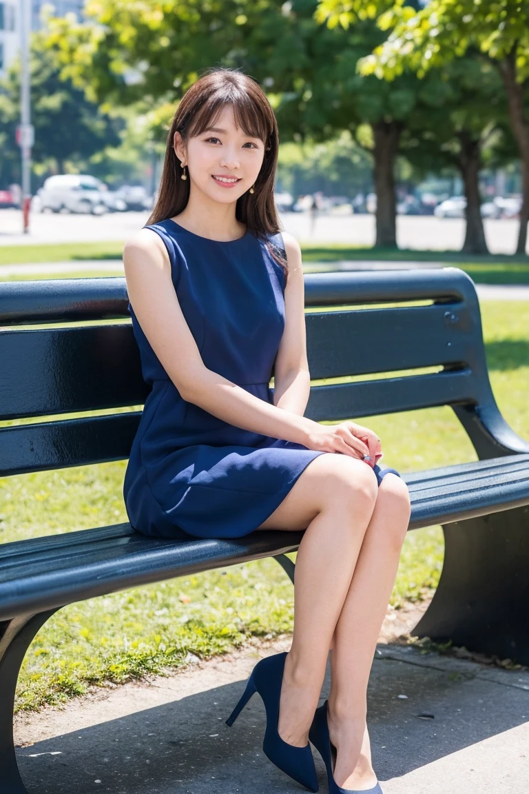 highest quality, flying debris, Realistic, High resolution, 8k RAW Photos,alone, One Girl, 30 years old、Eat soft serve ice cream、smile、(((White Edge、Navy Blue Dress)))、High heels、Hold the soft-serve ice cream in both hands、On a park bench