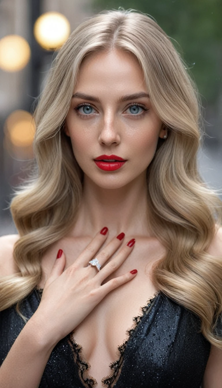 beautiful slender girl, long hair, blond hair, shatush, Nice dress, Dress without pleats. elegant dress, realistic photo, Photo Enhancement, Hands drawn, detailed hands, 4K quality (detailed), perfect face, realistic photo of beautiful woman, grey eyes, piercing eyes, long hair, blond hair, shatush, wearing detailed necklace, Polish, influencer, light freckles, big lips, no makeup, wearing detailed bracelet, wearing detailed watch, wearing detailed diamond ring, Instagram, 64k, sharp photo, perfect body, model looking, realistic photo of a woman, romantic atmosphere, The full-body shot of this attractive woman should feature a striking pose, random hairstyle, shatush, perfect detailed hands, perfect detailed fingers, ((best quality)), ((masterpiece)), (solo, full body photo:1.3), (action packed:1.3) (looking away:1.3), (haze, fog, mist:1.3), chiaroscuro, AnalogRedmAF (8k, RAW photo, best quality, masterpiece:1.2), (realistic, raw photo:1.37), best quality, ultra high res, 1woman,night,wet,rain,red (photorealistic face:1.2), (8k), (4k), (Masterpiece),(realistic skin texture), (illustration, cinematic lighting,wallpaper),(beautiful eyes:1.2),((((perfect face)))),(cute),(standing),(blonde hair),(long hair),grey eyes,red lips, (outdoors), perfect eyes Professional, modern, product-focused, commercial, eye-catching, highly detailed 