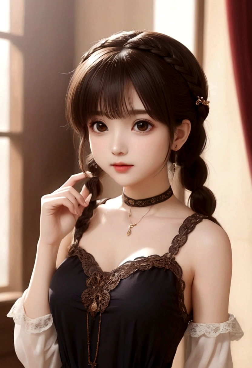 ((best quality, 8K, masterpiece :1.3))***********、 Cute anime style, ,Brown double braids、，solitary,Exquisite eyes, ((Dark brown hair, Large Breasts :1.2)), Beautiful lace lingerie（8K）（HD）（（best quality））， （（Intricate details））， （8K）